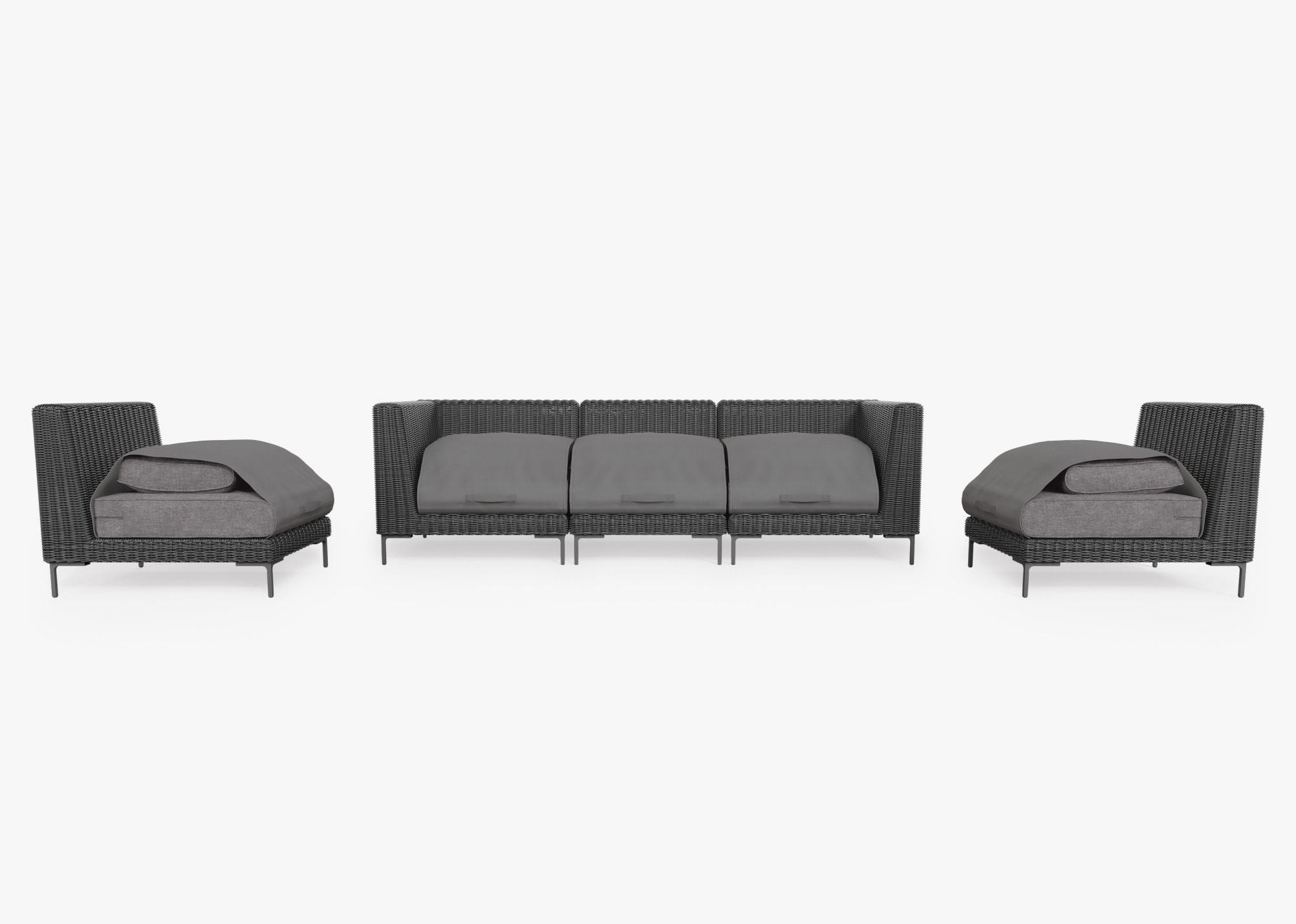 Black Wicker Outdoor Sofa with Armless Chairs - 5 Seat shown with the OuterShell outdoor cushion cover, offering exclusive integrated protection. #color_dark pebble gray
