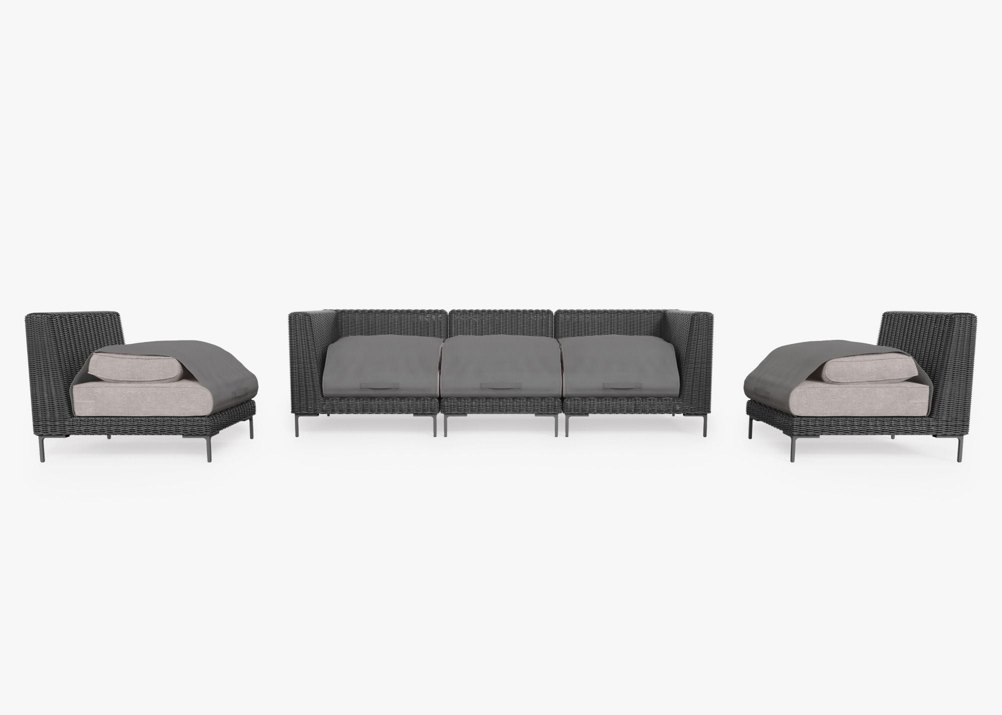Black Wicker Outdoor Sofa with Armless Chairs - 5 Seat shown with the OuterShell outdoor cushion cover, offering exclusive integrated protection. #color_sandstone gray