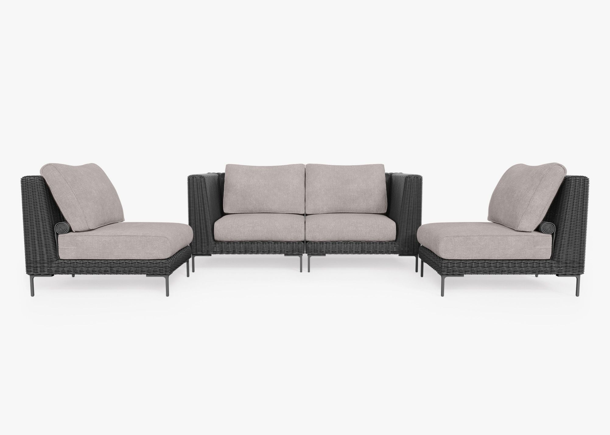 Black Wicker Outdoor Loveseat with Armless Chairs - 4 Seat, front. Comfortable, durable, and weather resistant outdoor seating with memory foam. #color_sandstone gray