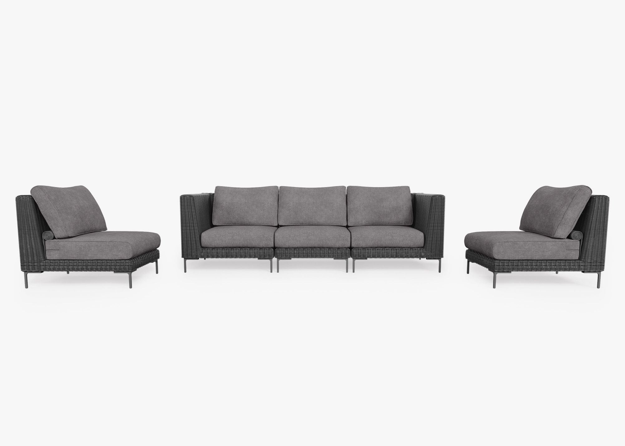 Black Wicker Outdoor Sofa with Armless Chairs - 5 Seat, front. Comfortable, durable, and weather resistant outdoor seating with memory foam. #color_dark pebble gray