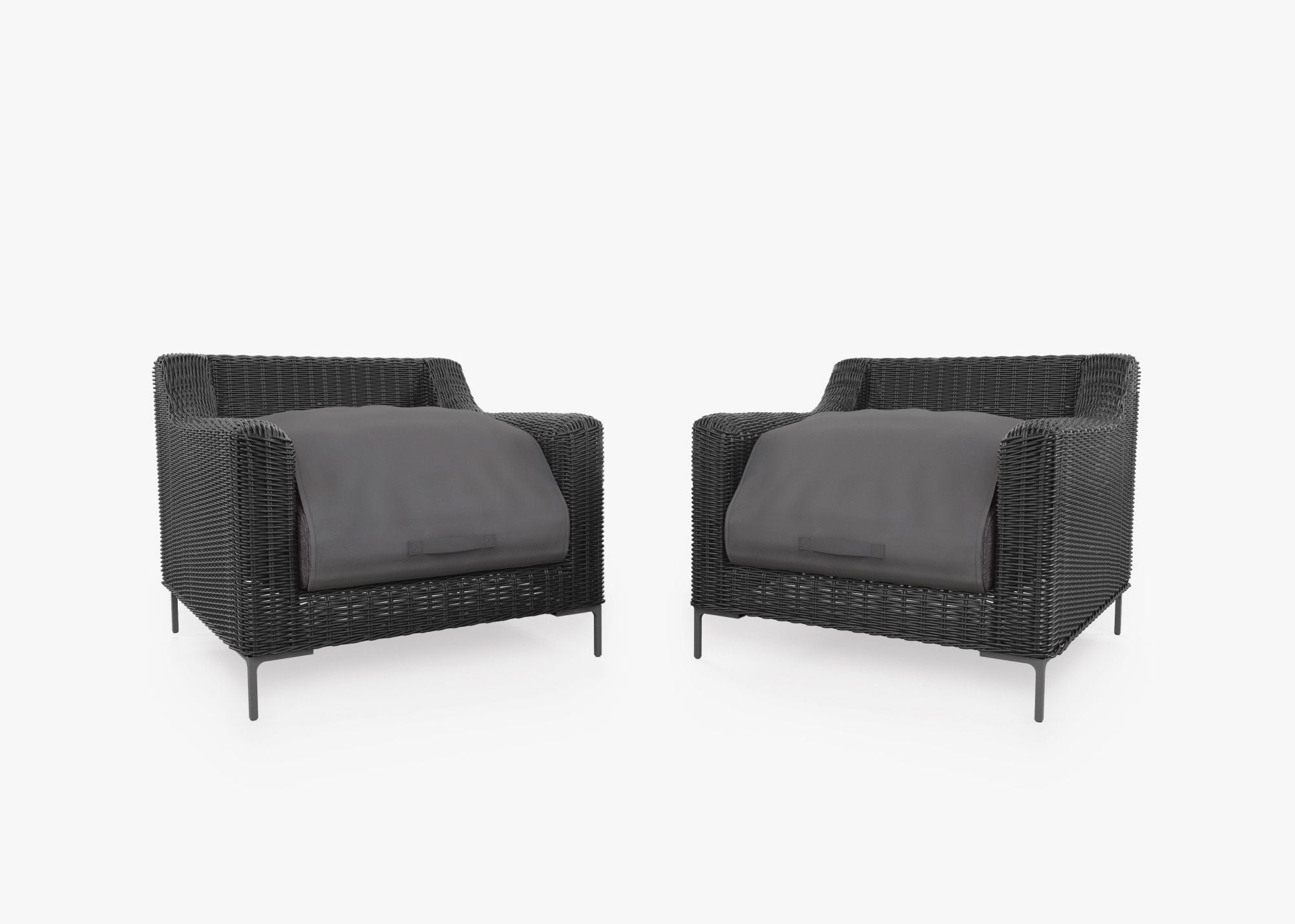 Black Wicker Outdoor Armchair Conversation Set shown with the OuterShell outdoor cushion cover, offering exclusive integrated protection. #color_dark pebble gray