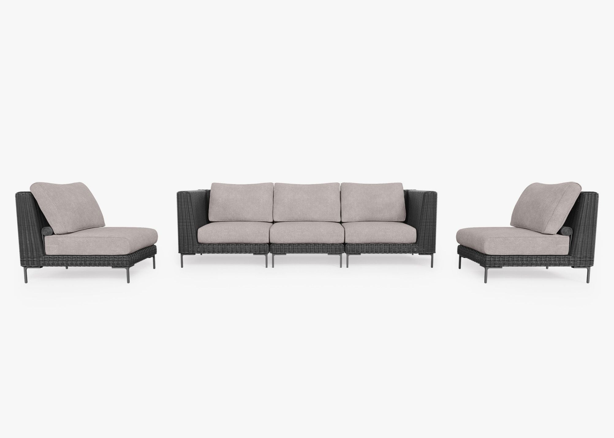 Black Wicker Outdoor Sofa with Armless Chairs - 5 Seat, front. Comfortable, durable, and weather resistant outdoor seating with memory foam. #color_sandstone gray