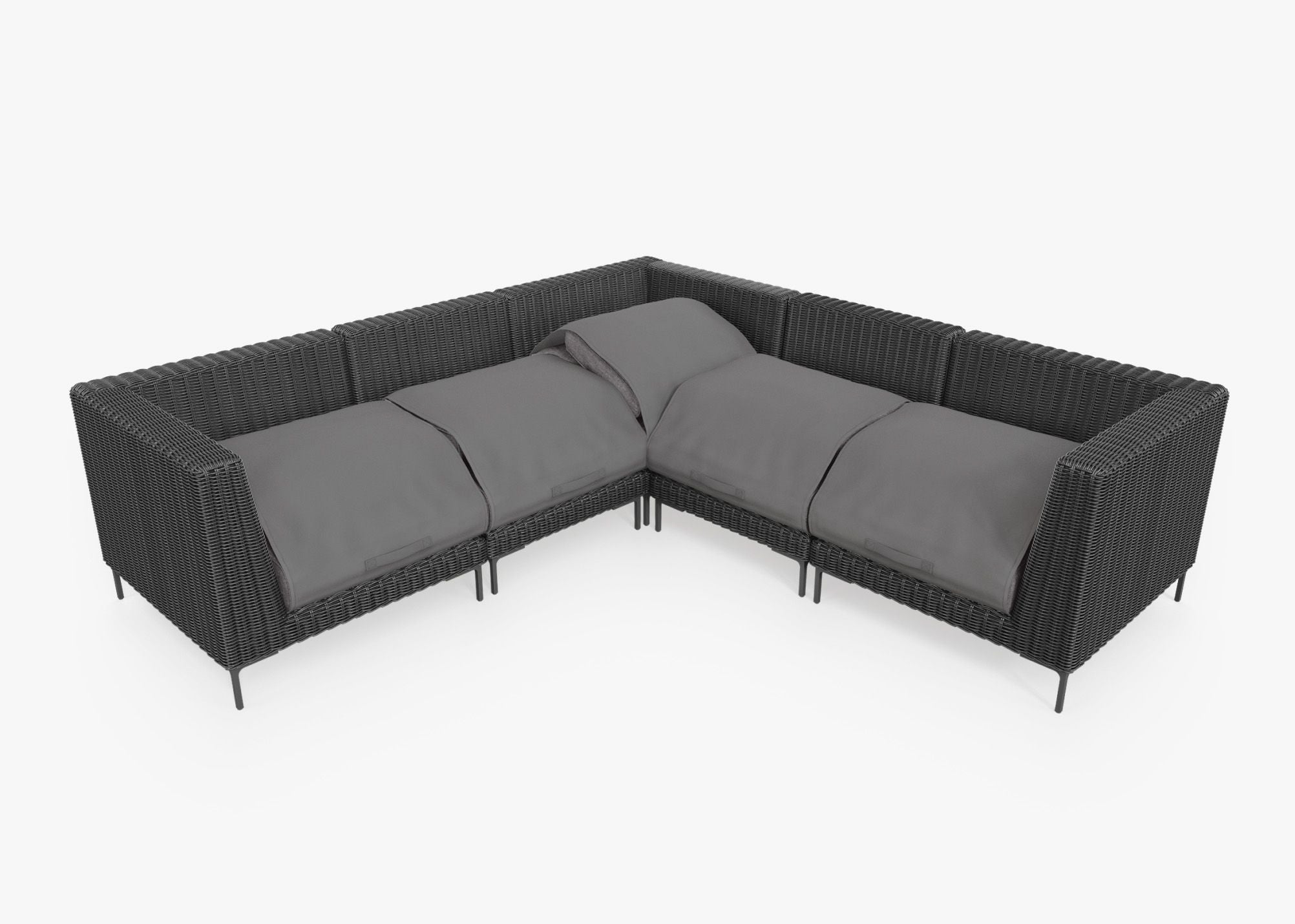 Black Wicker Outdoor Corner Sectional - 5 Seat shown with the OuterShell outdoor cushion cover, offering exclusive integrated protection. #color_dark pebble gray