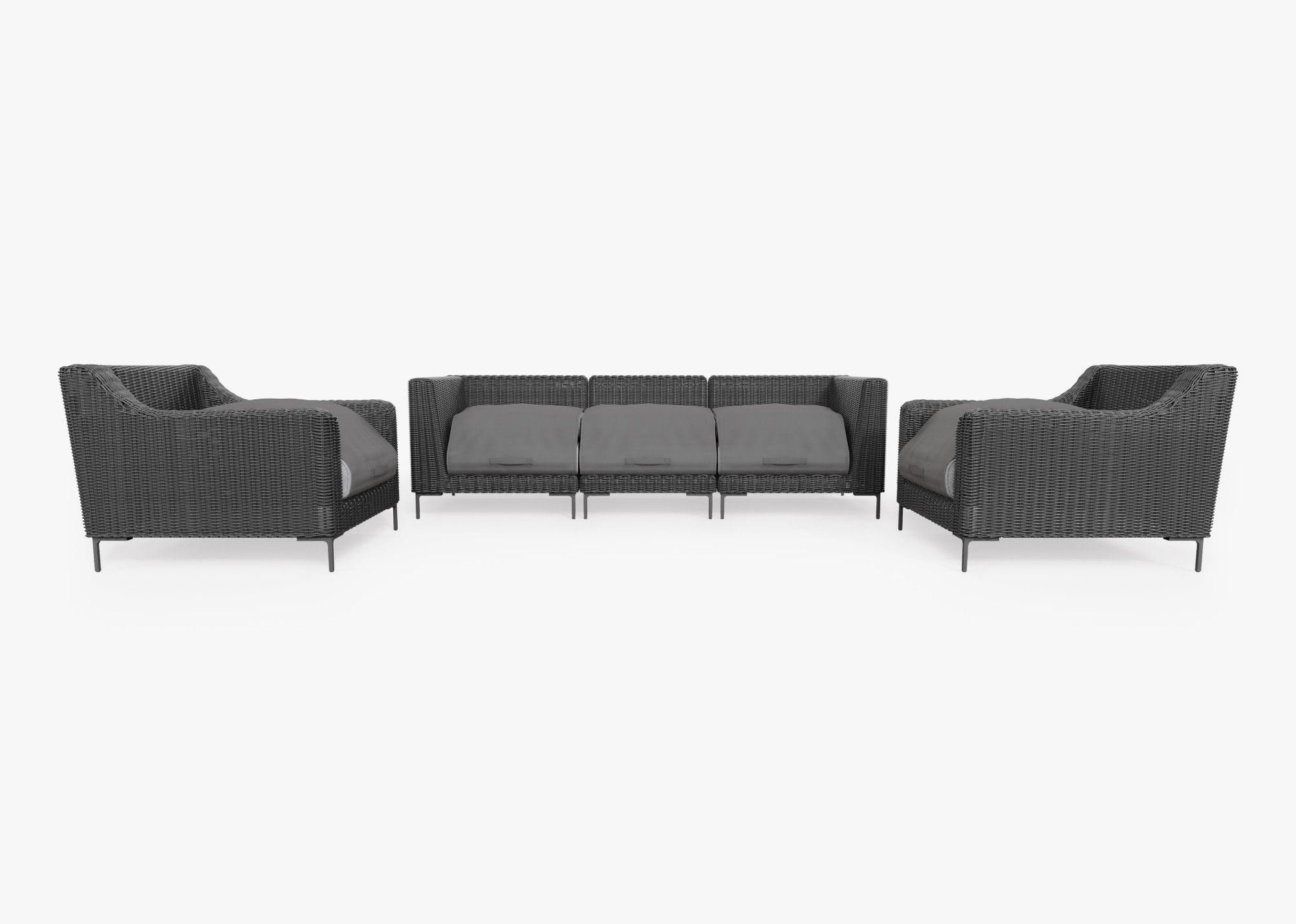 Black Wicker Outdoor Sofa with Armchairs - 5 Seat shown with the OuterShell outdoor cushion cover, offering exclusive integrated protection. #color_pacific fog gray