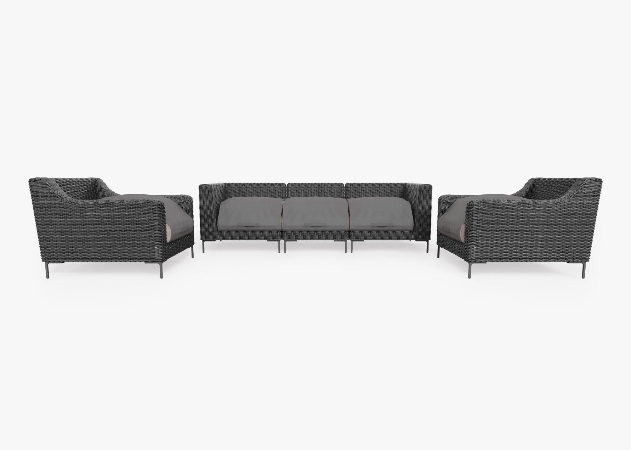 Black Wicker Outdoor Sofa with Armchairs - 5 Seat shown with the OuterShell outdoor cushion cover, offering exclusive integrated protection. #color_sandstone gray