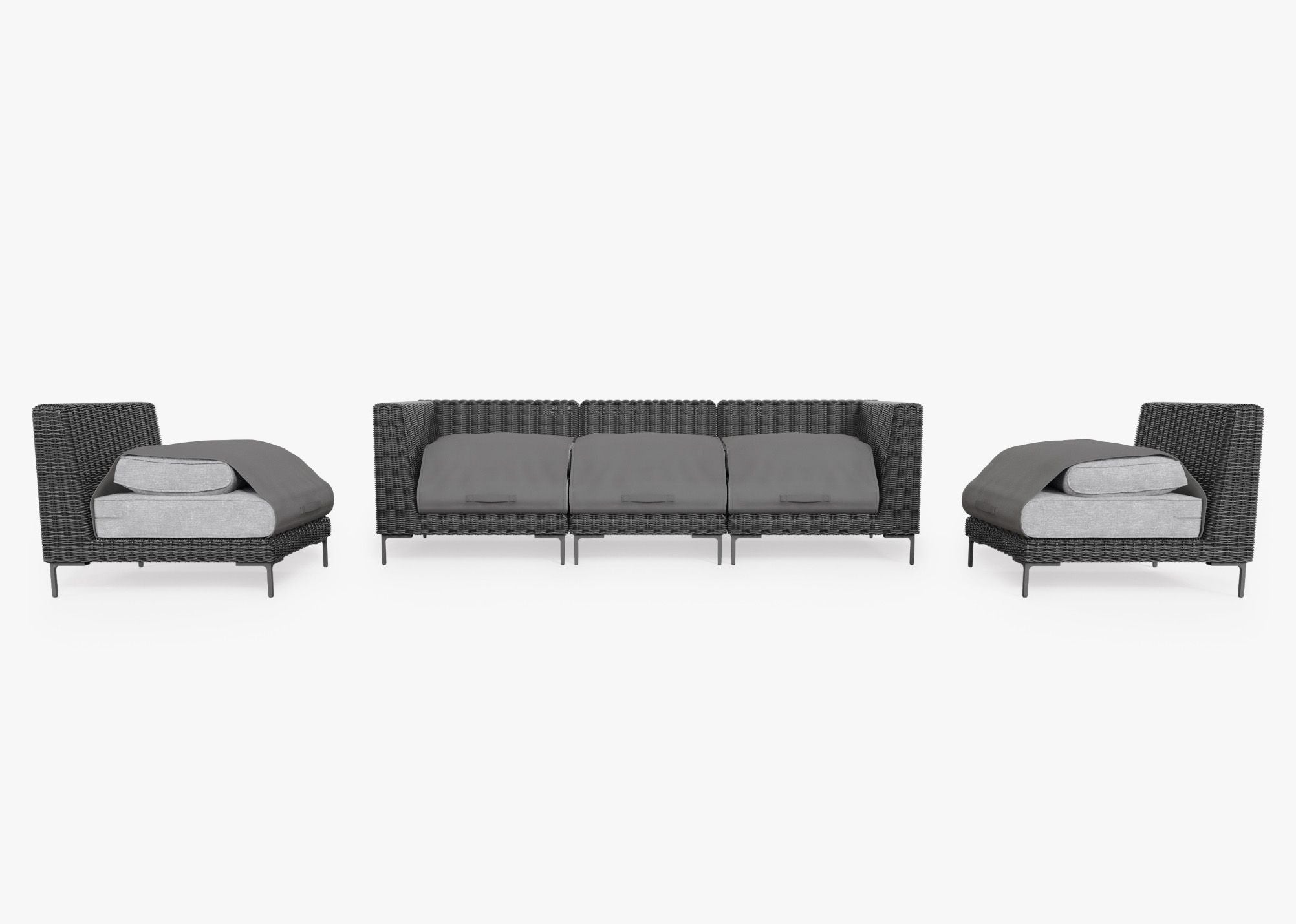Black Wicker Outdoor Sofa with Armless Chairs - 5 Seat shown with the OuterShell outdoor cushion cover, offering exclusive integrated protection. #color_pacific fog gray