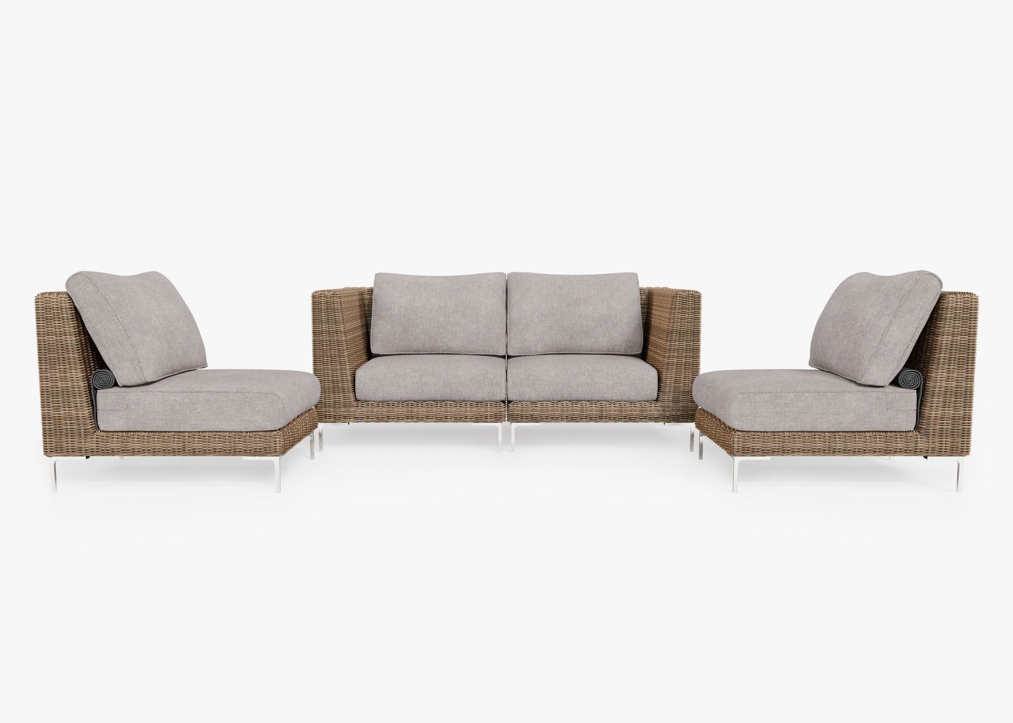 Brown Wicker Outdoor Loveseat with Armless Chairs - 4 Seat, front. Comfortable, durable, and weather resistant outdoor seating with memory foam. #color_sandstone gray