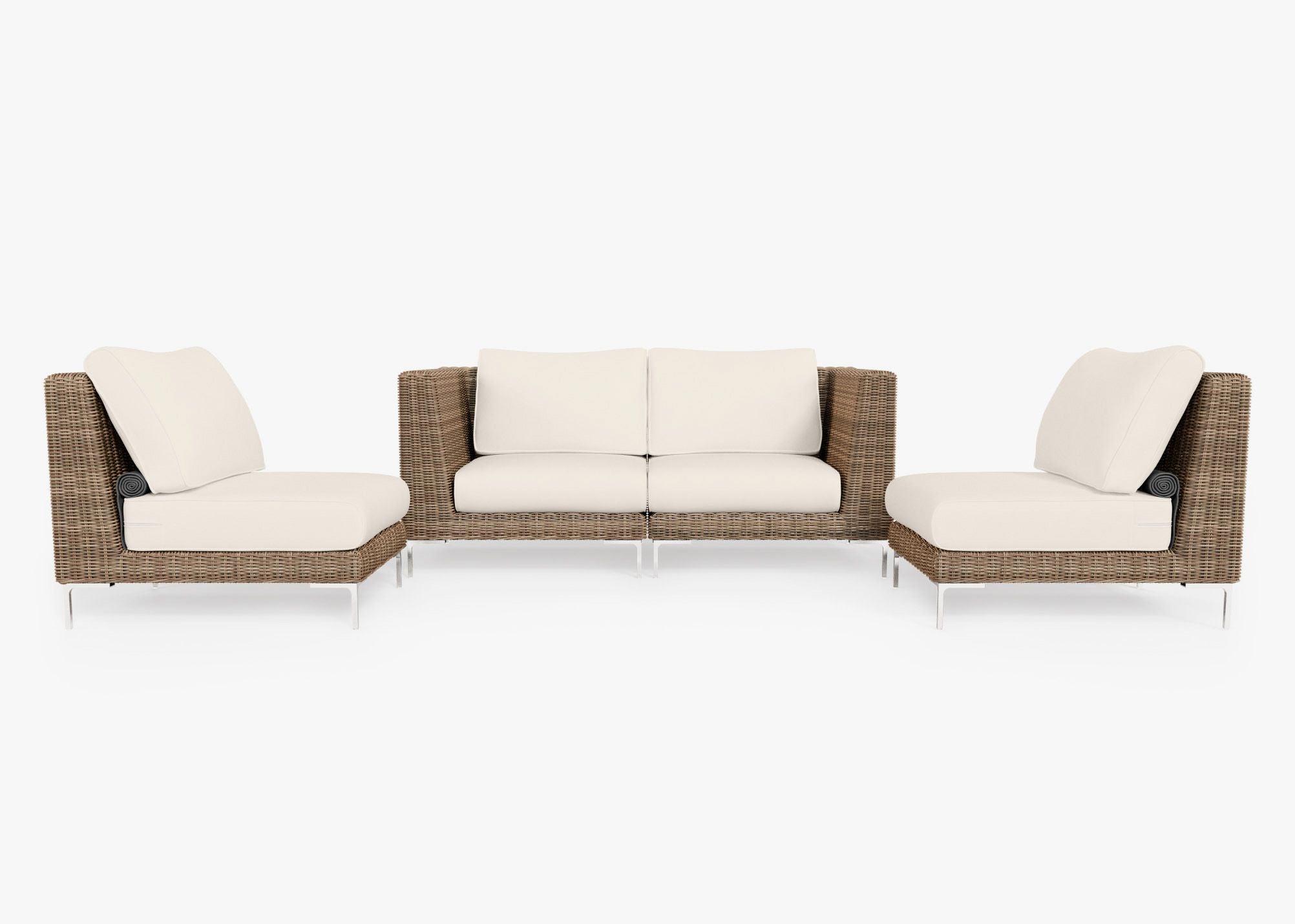 Brown Wicker Outdoor Loveseat with Armless Chairs - 4 Seat, front. Comfortable, durable, and weather resistant outdoor seating with memory foam. #color_palisades cream
