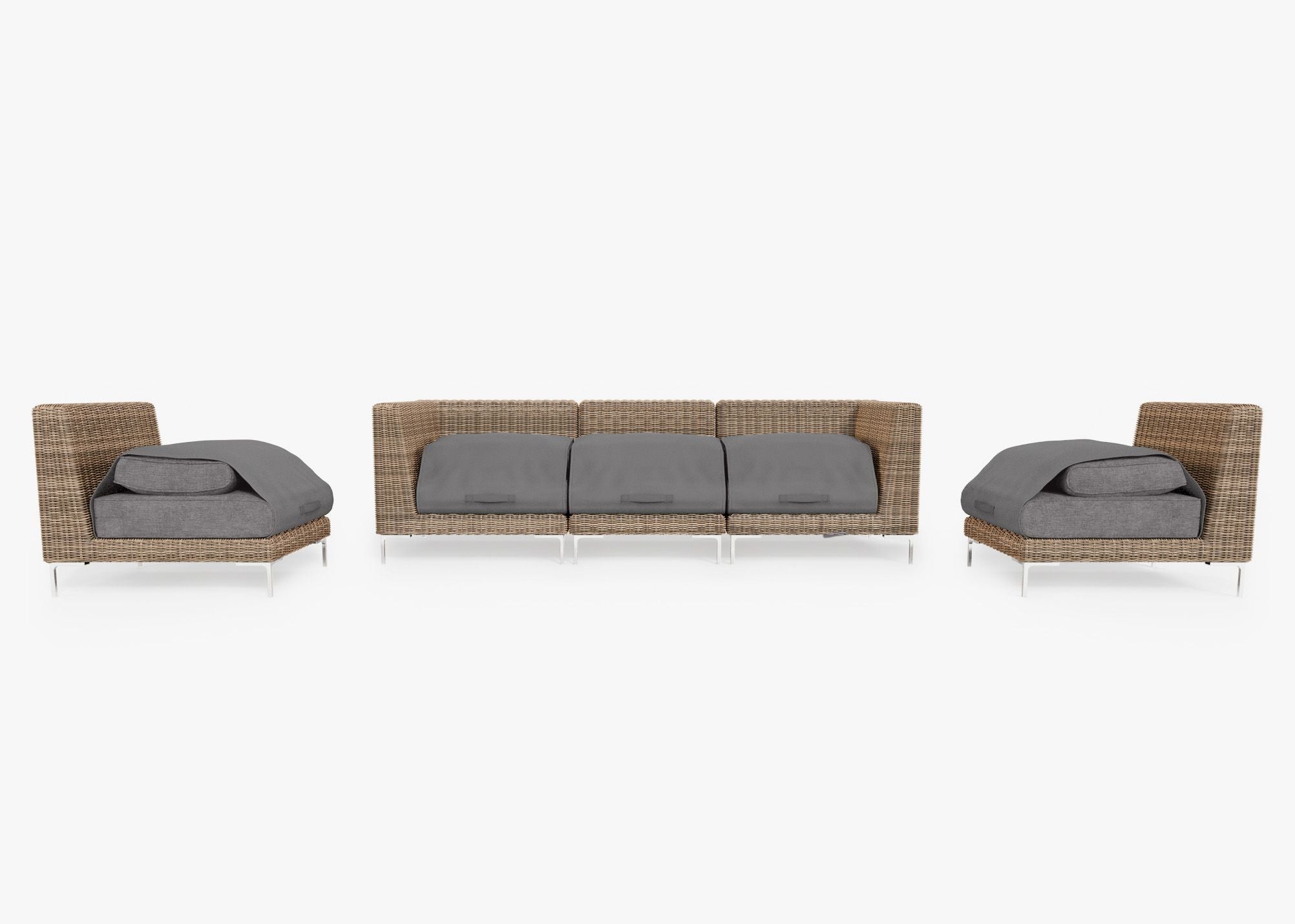 Brown Wicker Outdoor Sofa with Armless Chairs - 5 Seat shown with the OuterShell outdoor cushion cover, offering exclusive integrated protection. #color_dark pebble gray