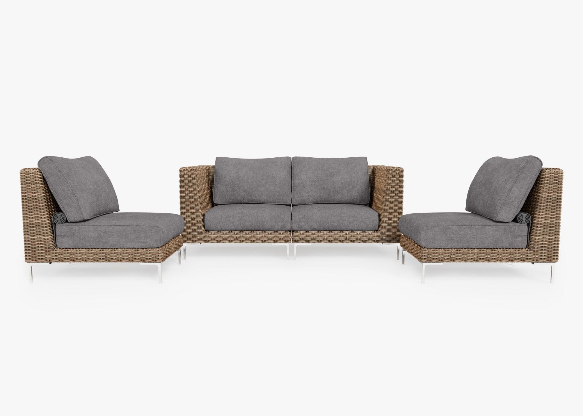Brown Wicker Outdoor Loveseat with Armless Chairs - 4 Seat, front. Comfortable, durable, and weather resistant outdoor seating with memory foam. #color_dark pebble gray