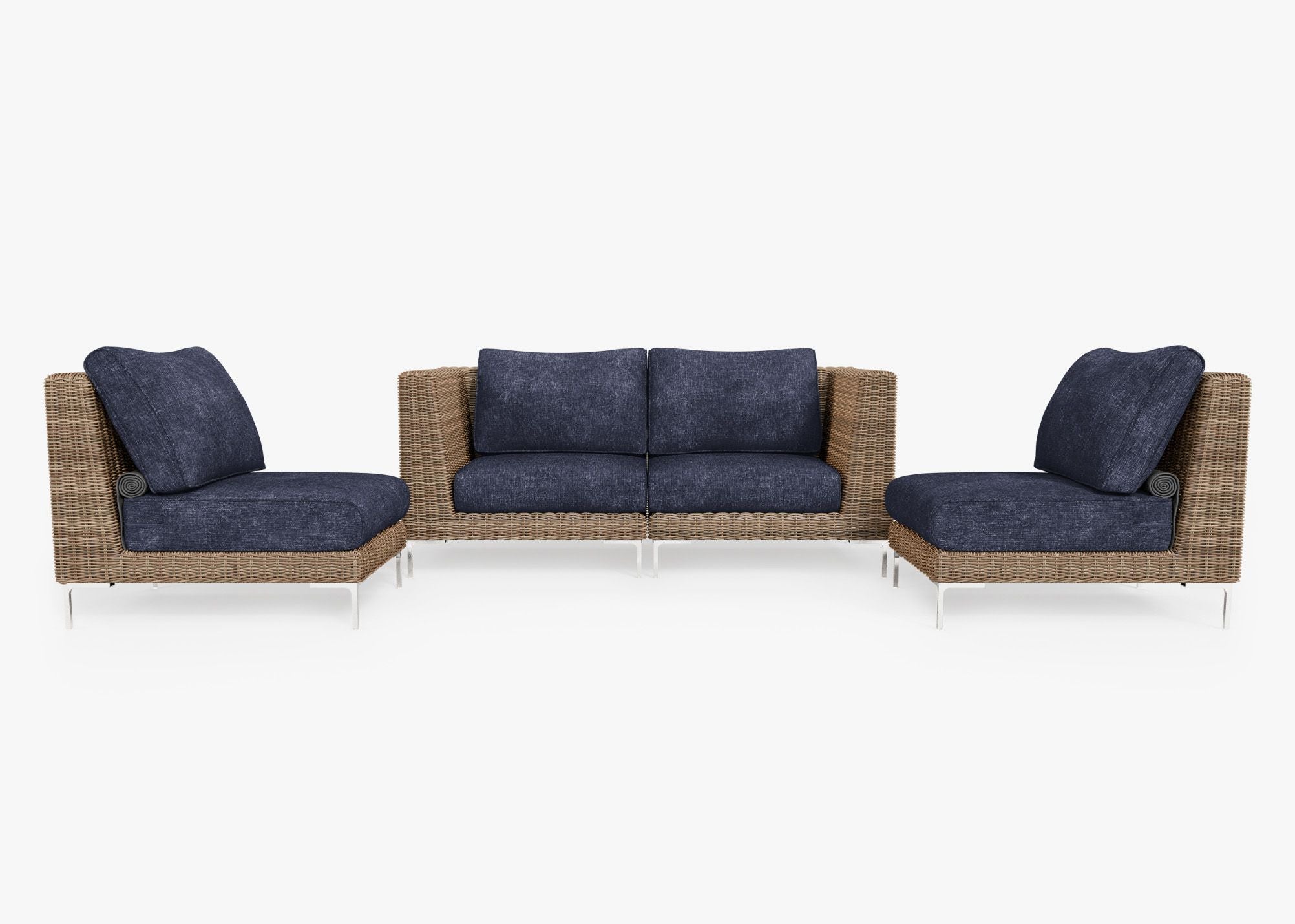 Brown Wicker Outdoor Loveseat with Armless Chairs - 4 Seat, front. Comfortable, durable, and weather resistant outdoor seating with memory foam. #color_deep sea navy