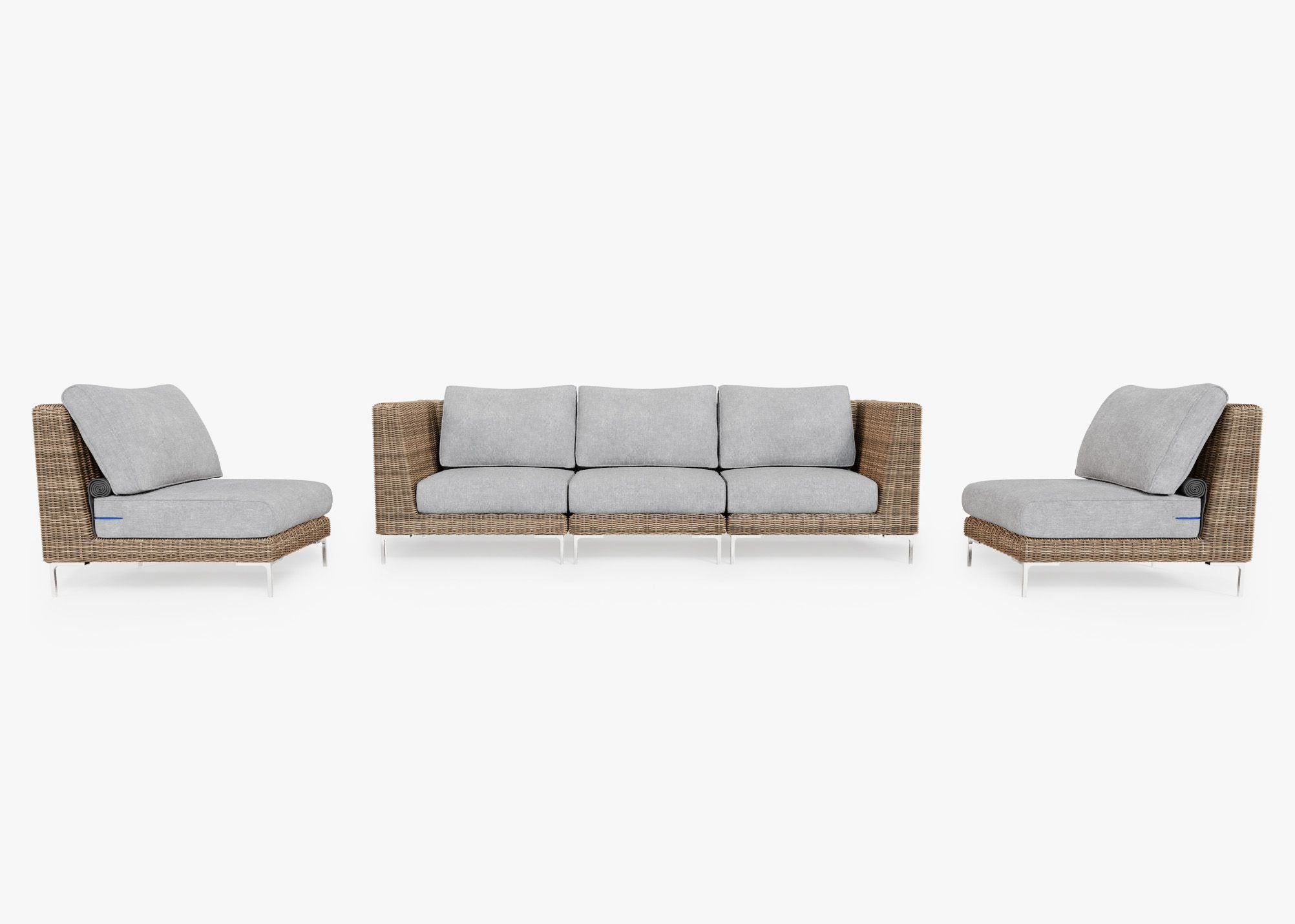 Brown Wicker Outdoor Sofa with Armless Chairs - 5 Seat, front. Comfortable, durable, and weather resistant outdoor seating with memory foam. #cushion_color_pacific fog gray