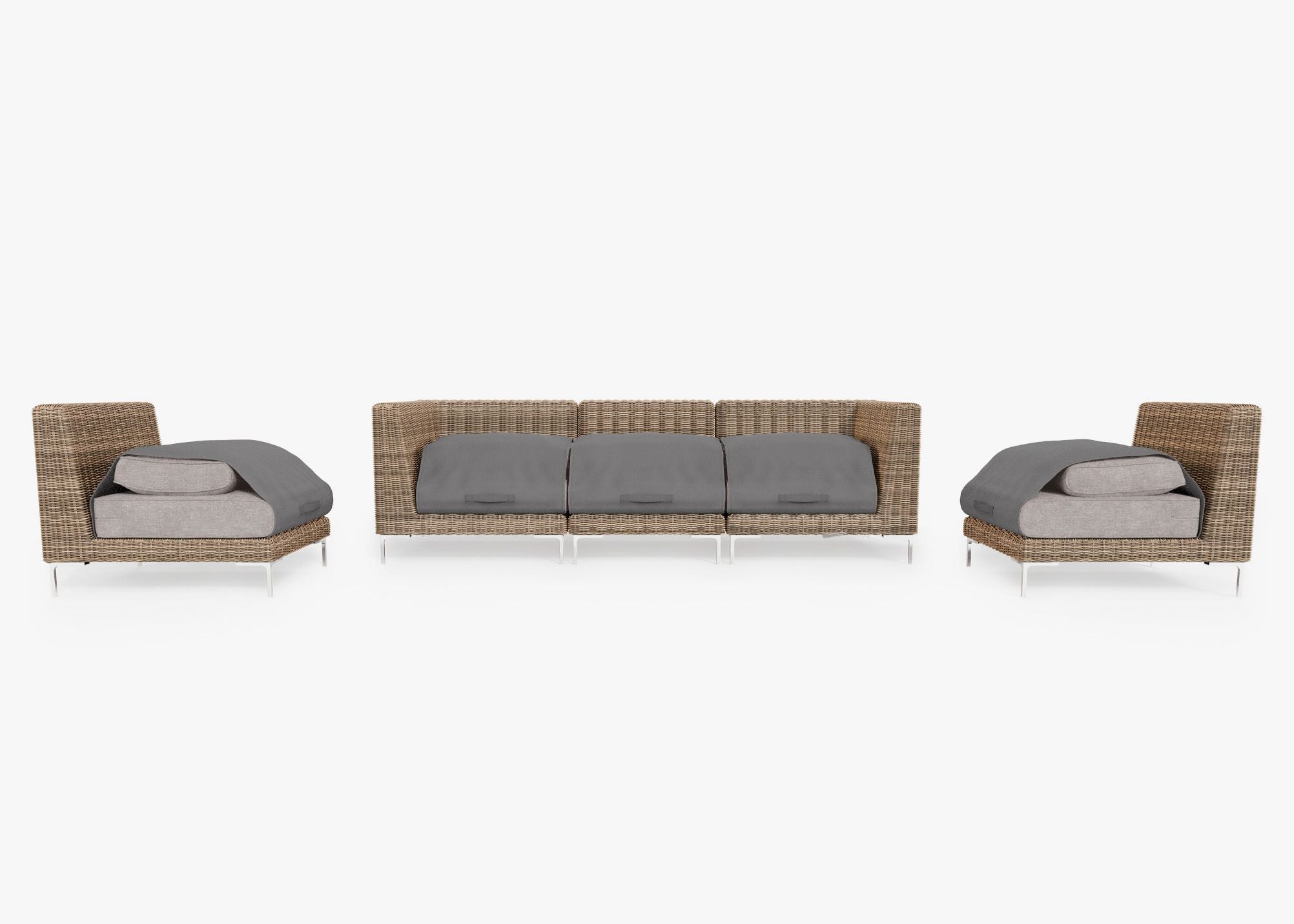 Brown Wicker Outdoor Sofa with Armless Chairs - 5 Seat shown with the OuterShell outdoor cushion cover, offering exclusive integrated protection. #color_sandstone gray