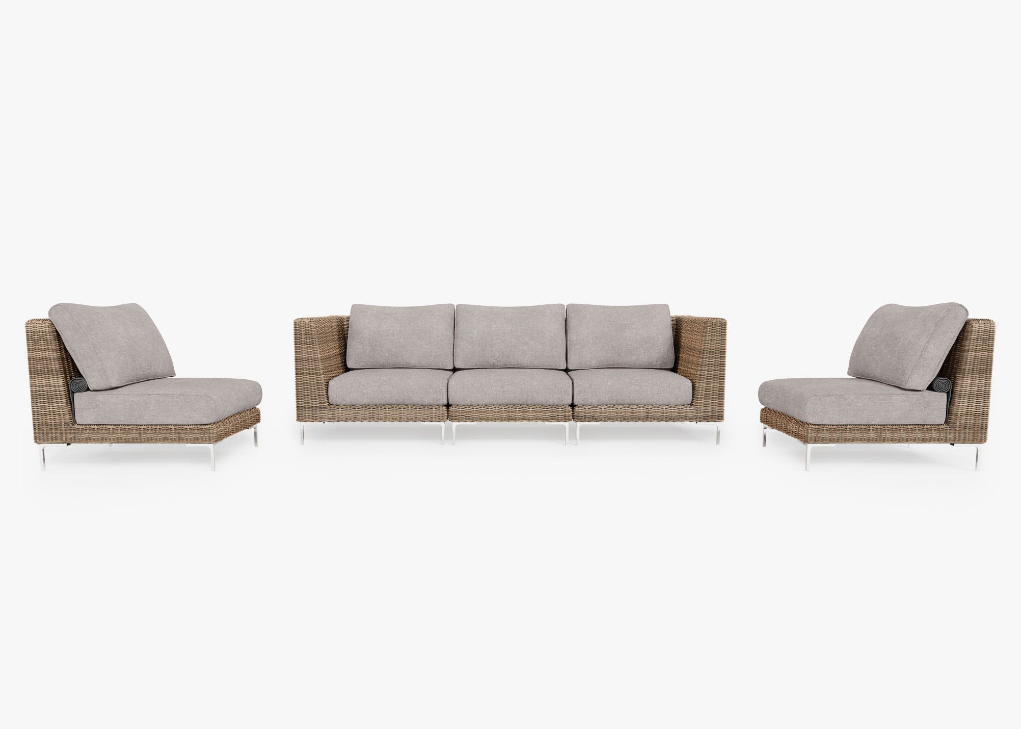 Brown Wicker Outdoor Sofa with Armless Chairs - 5 Seat, front. Comfortable, durable, and weather resistant outdoor seating with memory foam. #color_sandstone gray