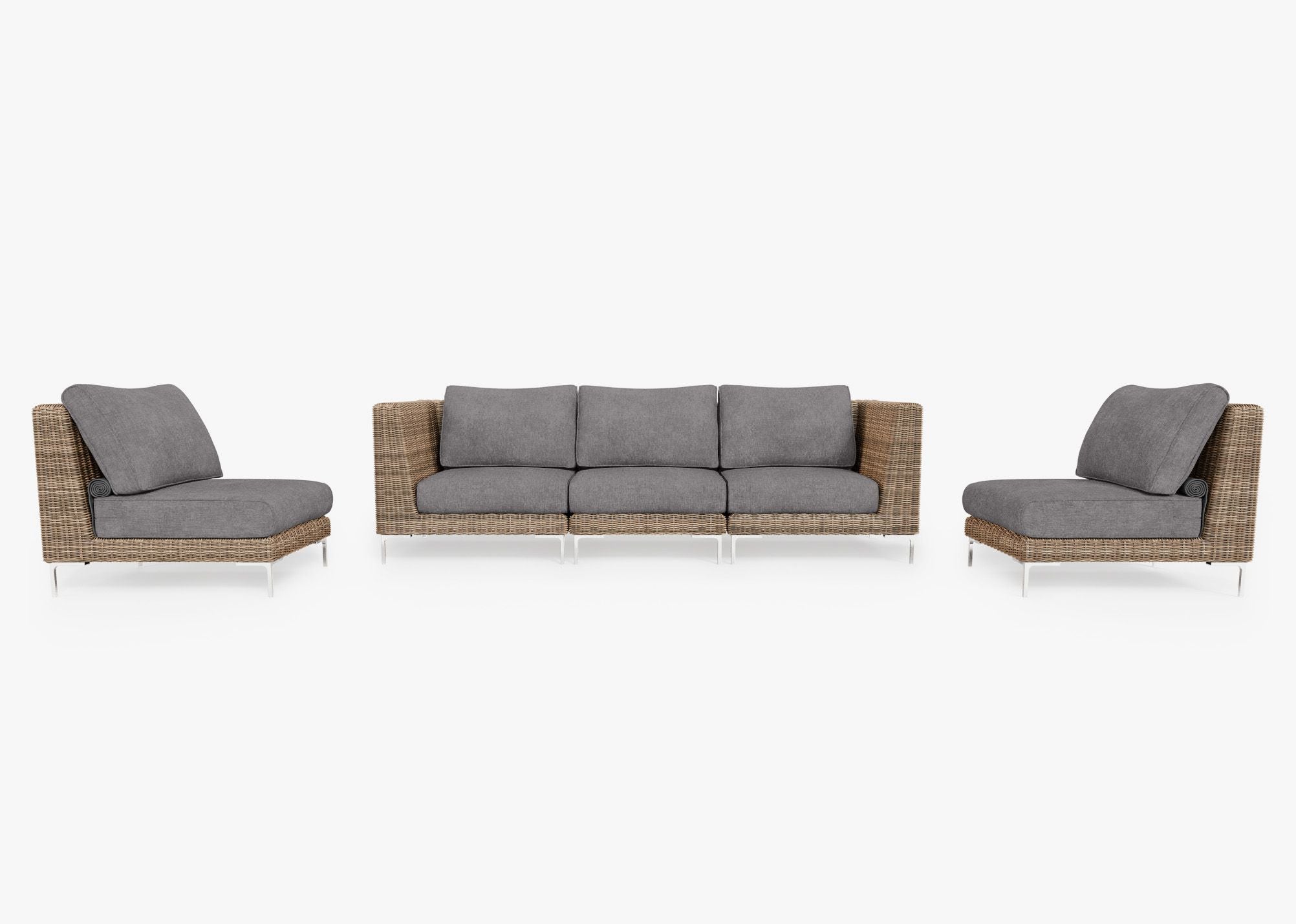 Brown Wicker Outdoor Sofa with Armless Chairs - 5 Seat, front. Comfortable, durable, and weather resistant outdoor seating with memory foam. #color_dark pebble gray