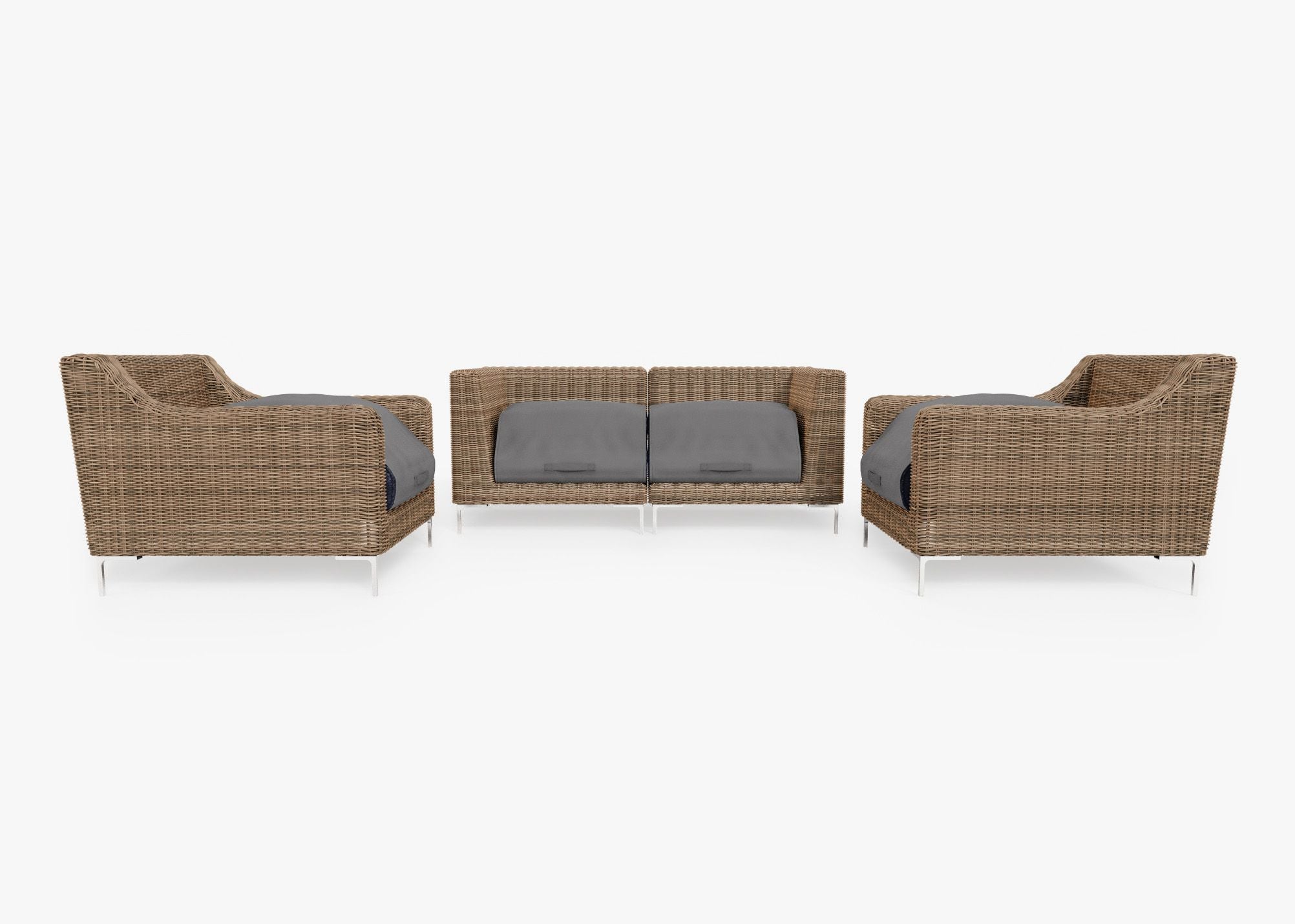 Brown Wicker Outdoor Loveseat with Armchairs - 4 Seat shown with the OuterShell outdoor cushion cover, offering exclusive integrated protection. #color_deep sea navy