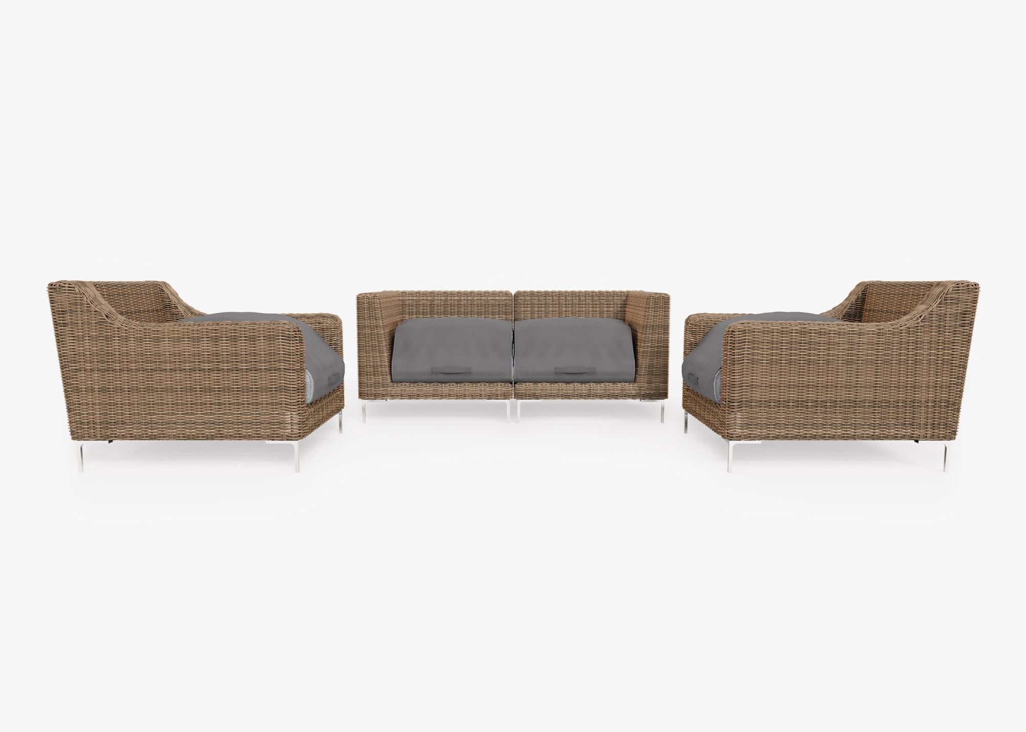 Brown Wicker Outdoor Loveseat with Armchairs - 4 Seat shown with the OuterShell outdoor cushion cover, offering exclusive integrated protection. #color_pacific fog gray