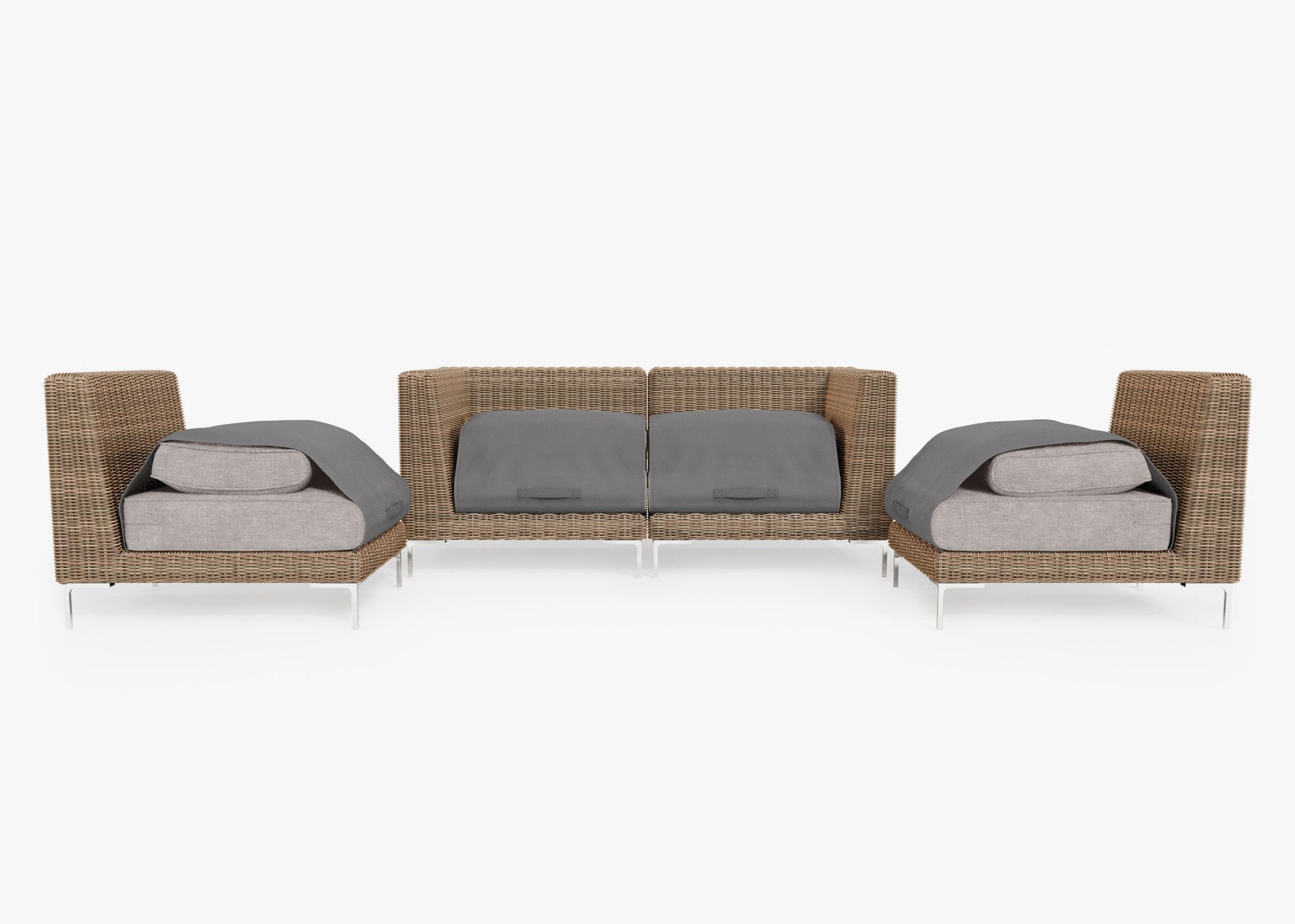 Brown Wicker Outdoor Loveseat with Armless Chairs - 4 Seat shown with the OuterShell outdoor cushion cover, offering exclusive integrated protection. #color_sandstone gray