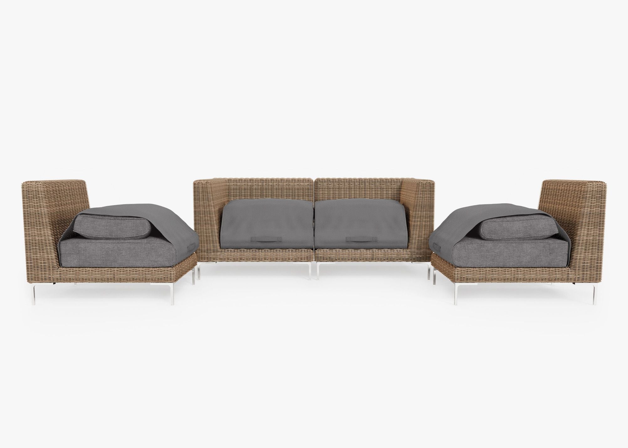 Brown Wicker Outdoor Loveseat with Armless Chairs - 4 Seat shown with the OuterShell outdoor cushion cover, offering exclusive integrated protection. #color_dark pebble gray