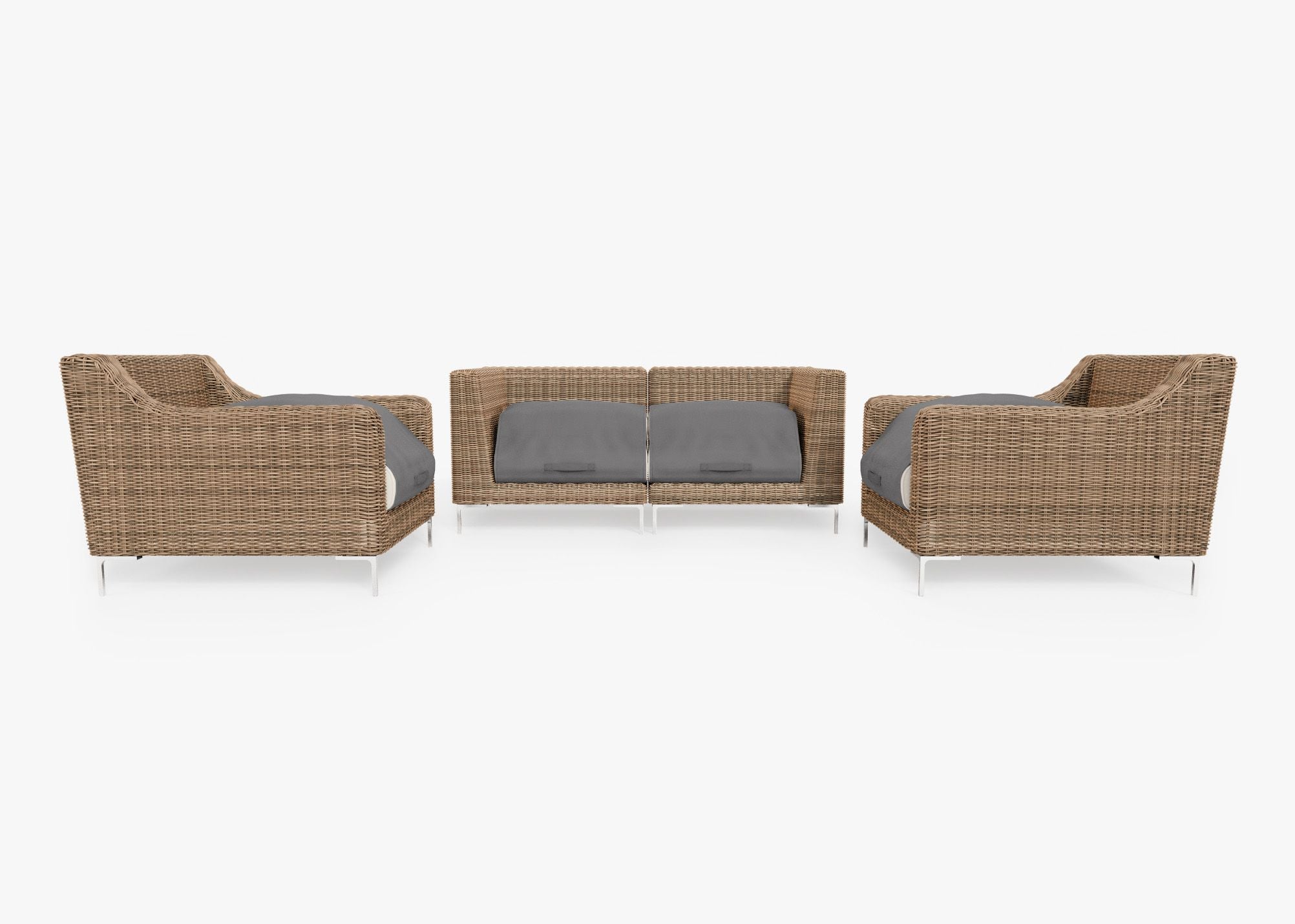 Brown Wicker Outdoor Loveseat with Armchairs - 4 Seat shown with the OuterShell outdoor cushion cover, offering exclusive integrated protection. #color_palisades cream