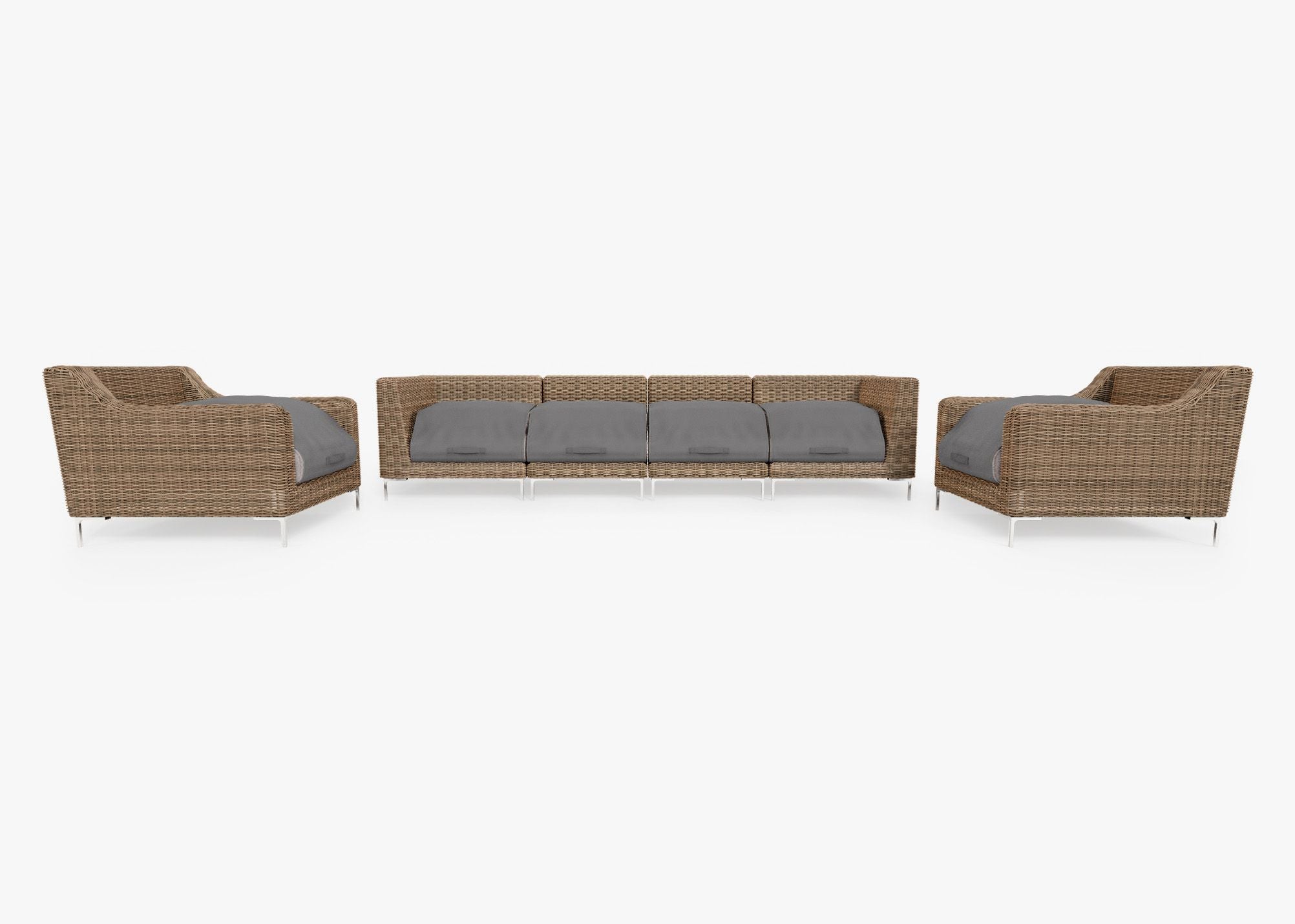 Brown Wicker Outdoor Sofa with Armchairs - 6 Seat shown with the OuterShell outdoor cushion cover, offering exclusive integrated protection. #color_sandstone gray