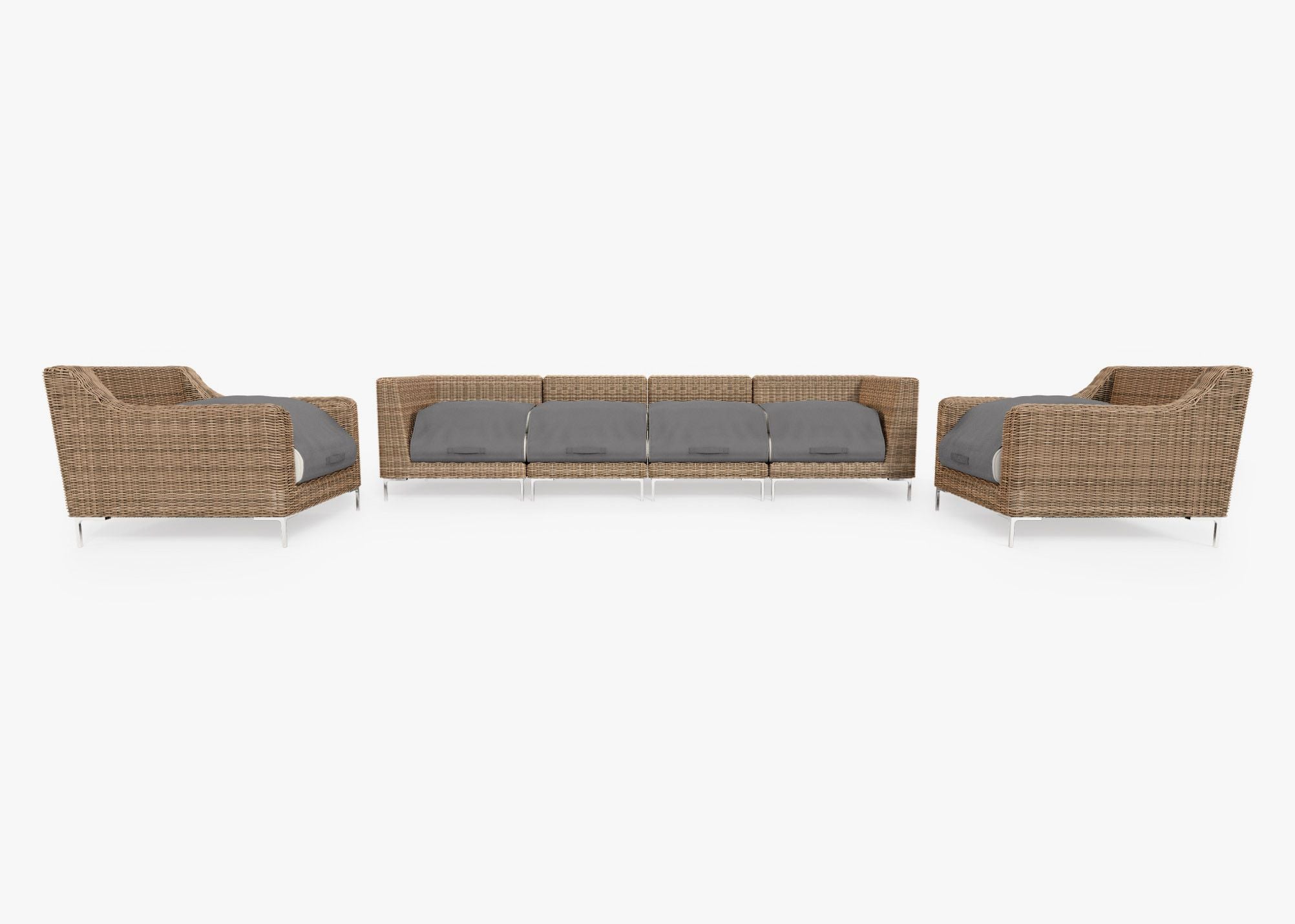 Brown Wicker Outdoor Sofa with Armchairs - 6 Seat shown with the OuterShell outdoor cushion cover, offering exclusive integrated protection. #color_palisades cream