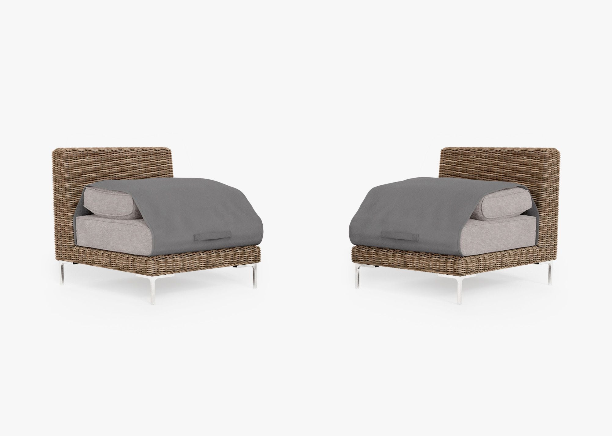 Brown Wicker Outdoor Armless Chair Conversation Set shown with the OuterShell outdoor cushion cover, offering exclusive integrated protection. #color_sandstone gray