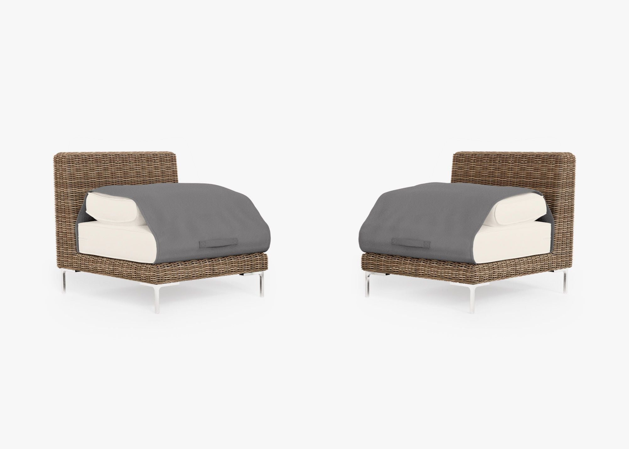 Brown Wicker Outdoor Armless Chair Conversation Set shown with the OuterShell outdoor cushion cover, offering exclusive integrated protection. #color_palisades cream
