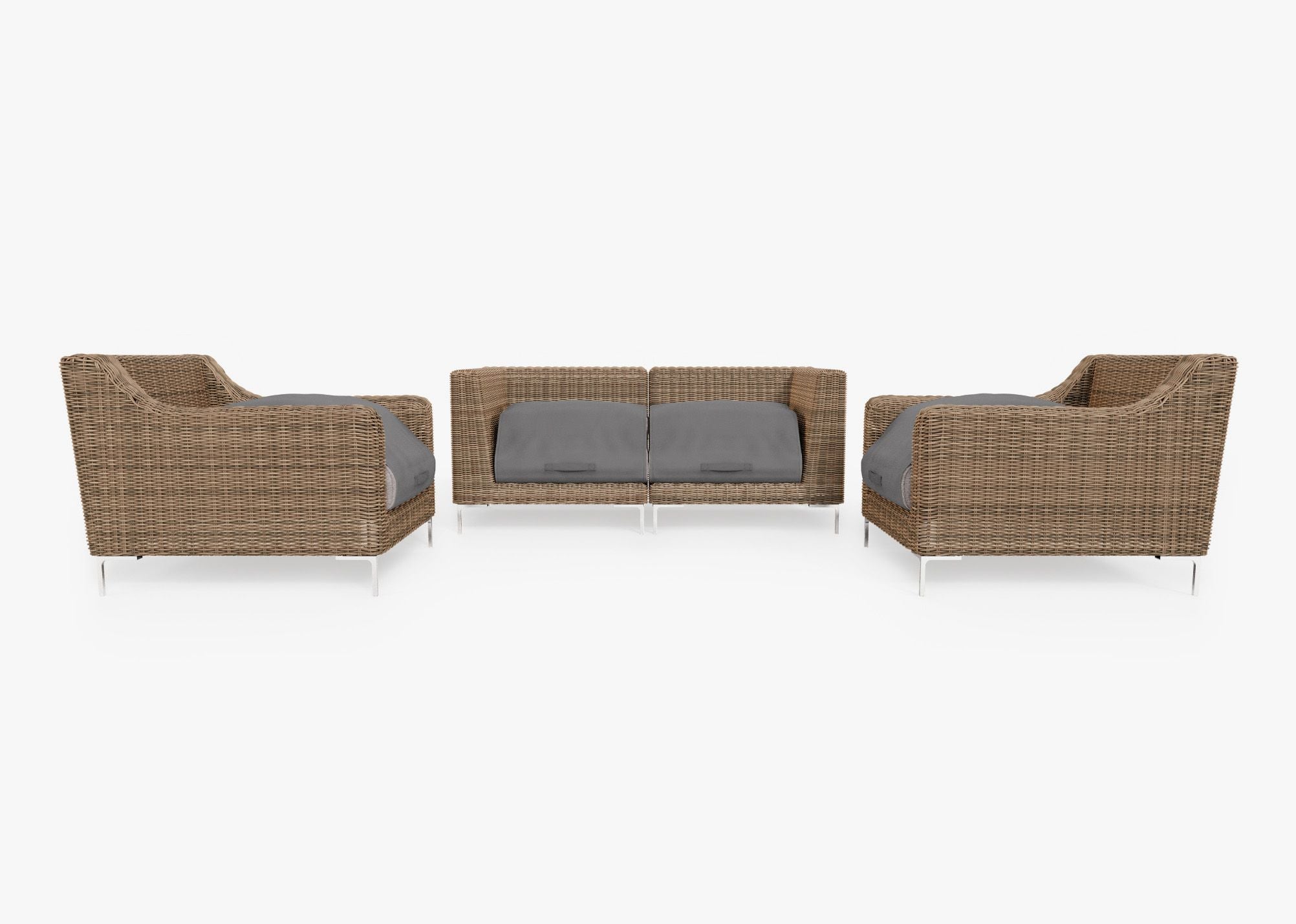 Brown Wicker Outdoor Loveseat with Armchairs - 4 Seat shown with the OuterShell outdoor cushion cover, offering exclusive integrated protection. #color_sandstone gray