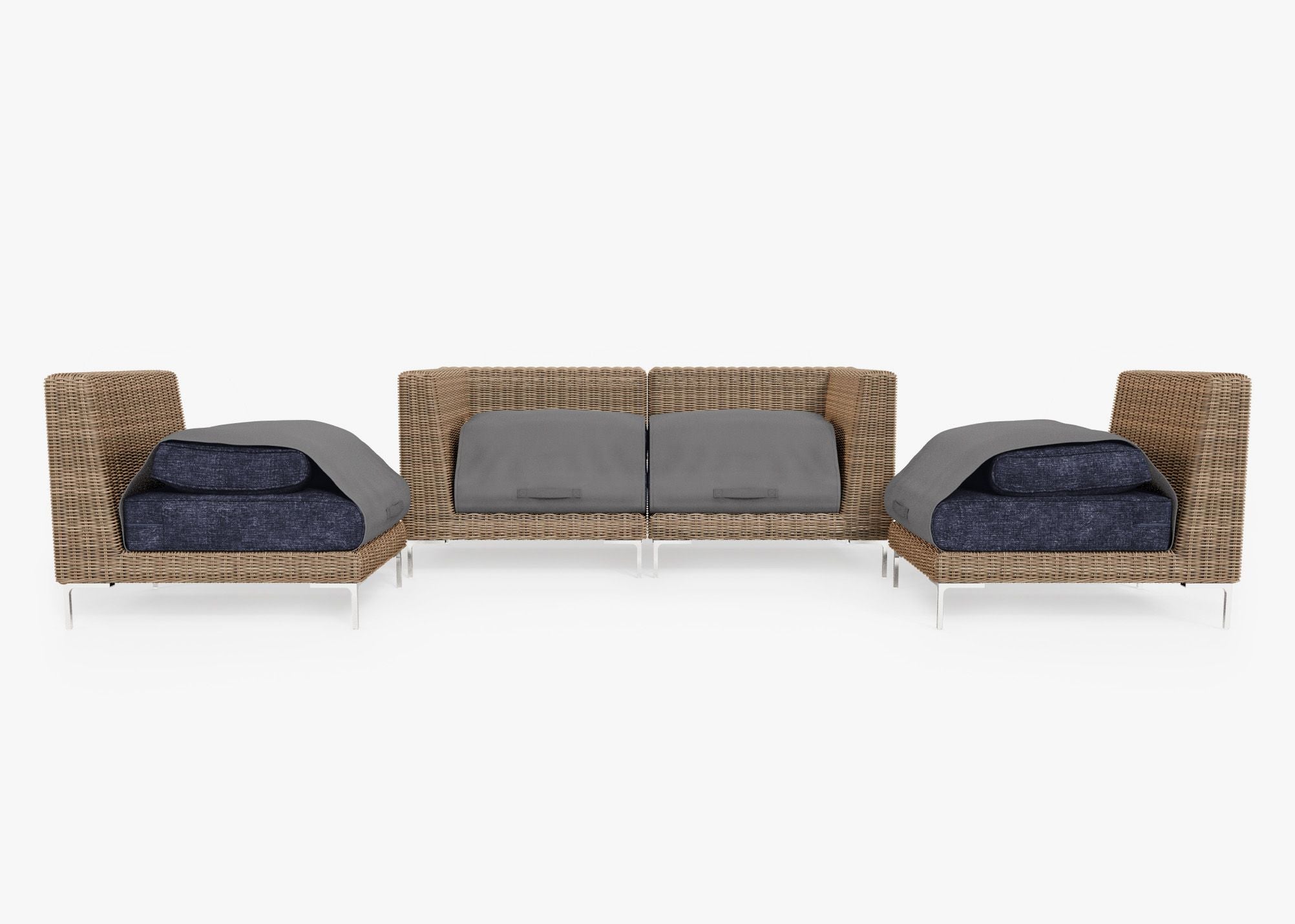 Brown Wicker Outdoor Loveseat with Armless Chairs - 4 Seat shown with the OuterShell outdoor cushion cover, offering exclusive integrated protection. #color_deep sea navy