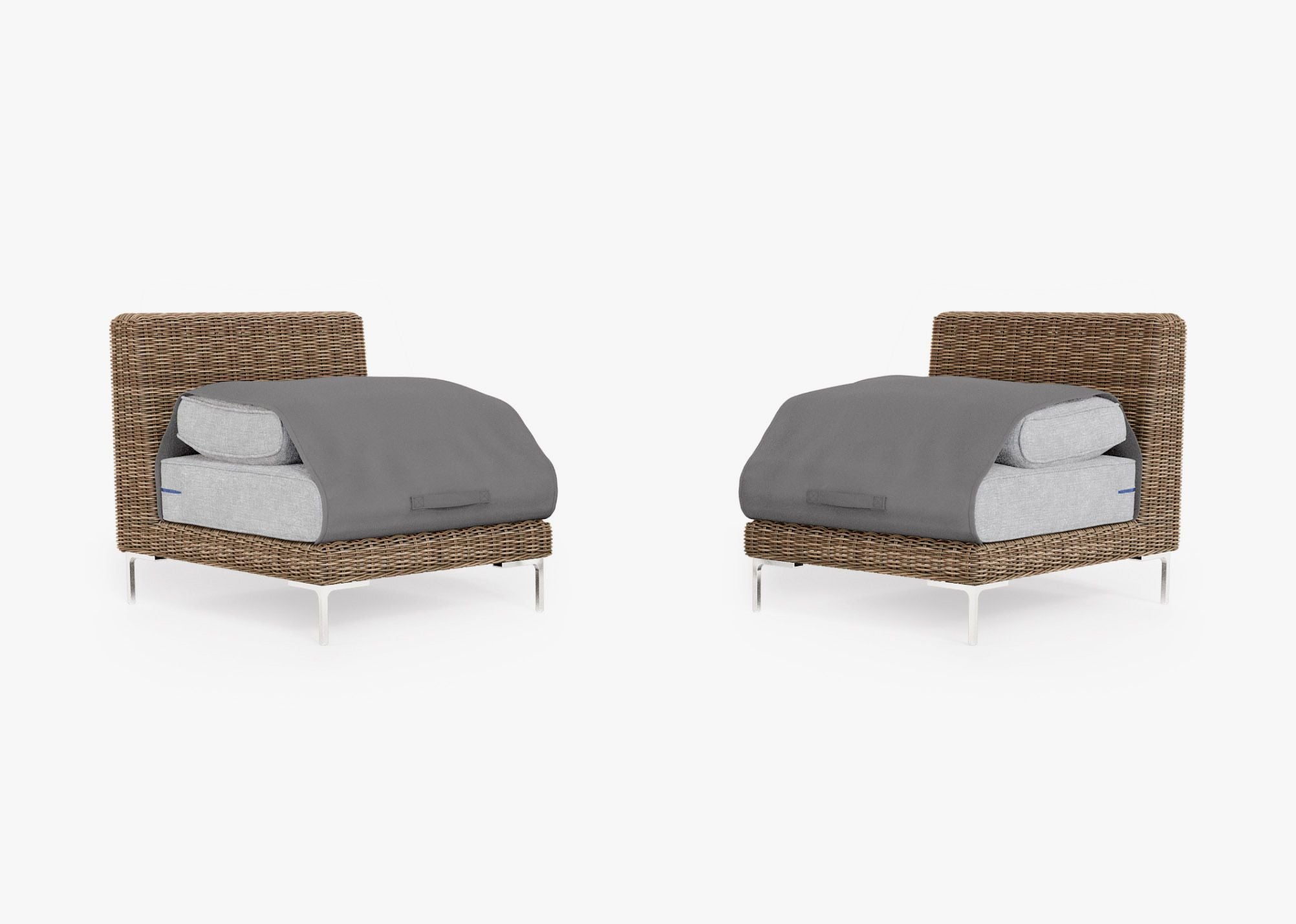 Brown Wicker Outdoor Armless Chair Conversation Set shown with the OuterShell outdoor cushion cover, offering exclusive integrated protection. #color_pacific fog gray