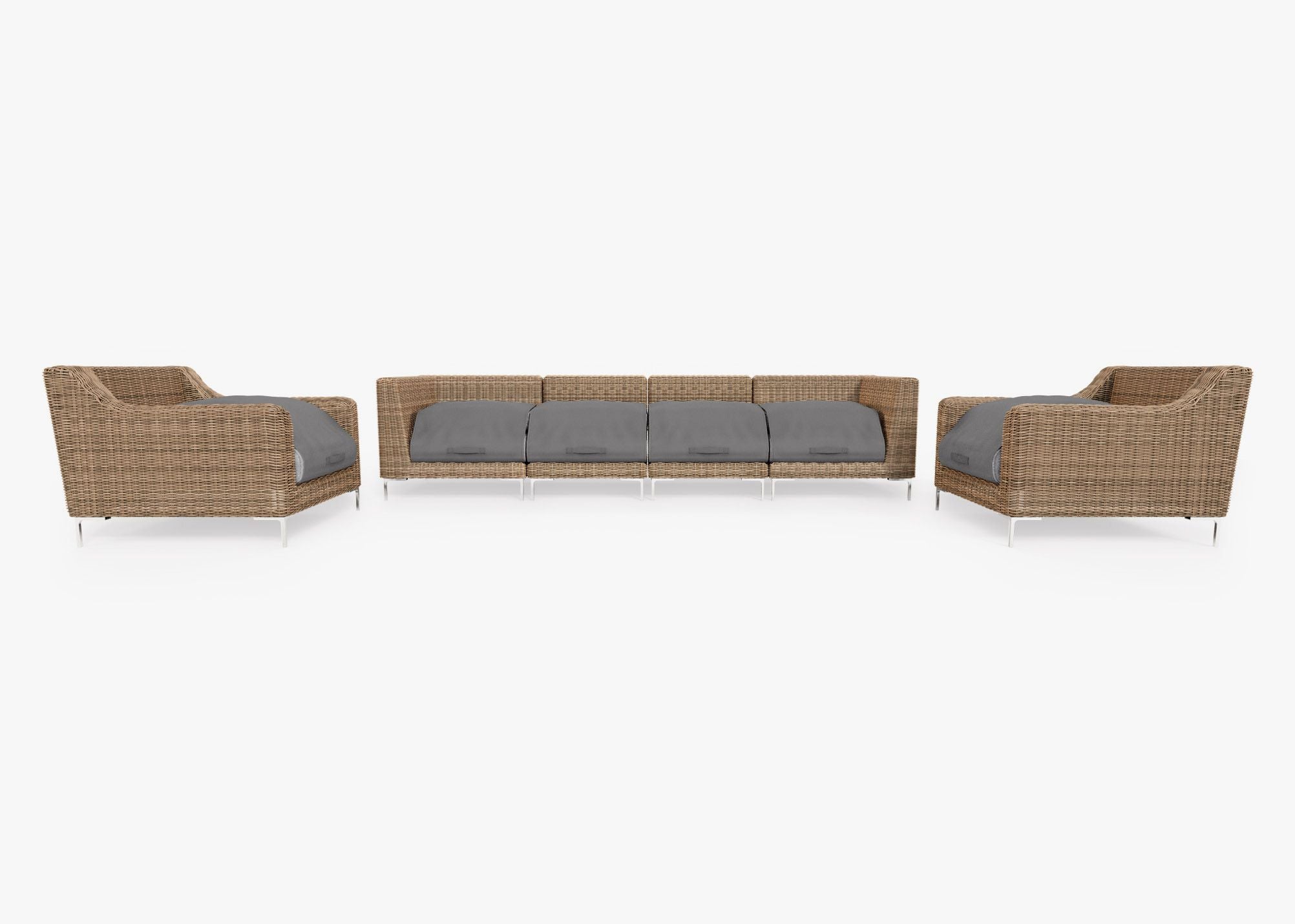 Brown Wicker Outdoor Sofa with Armchairs - 6 Seat shown with the OuterShell outdoor cushion cover, offering exclusive integrated protection. #color_pacific fog gray