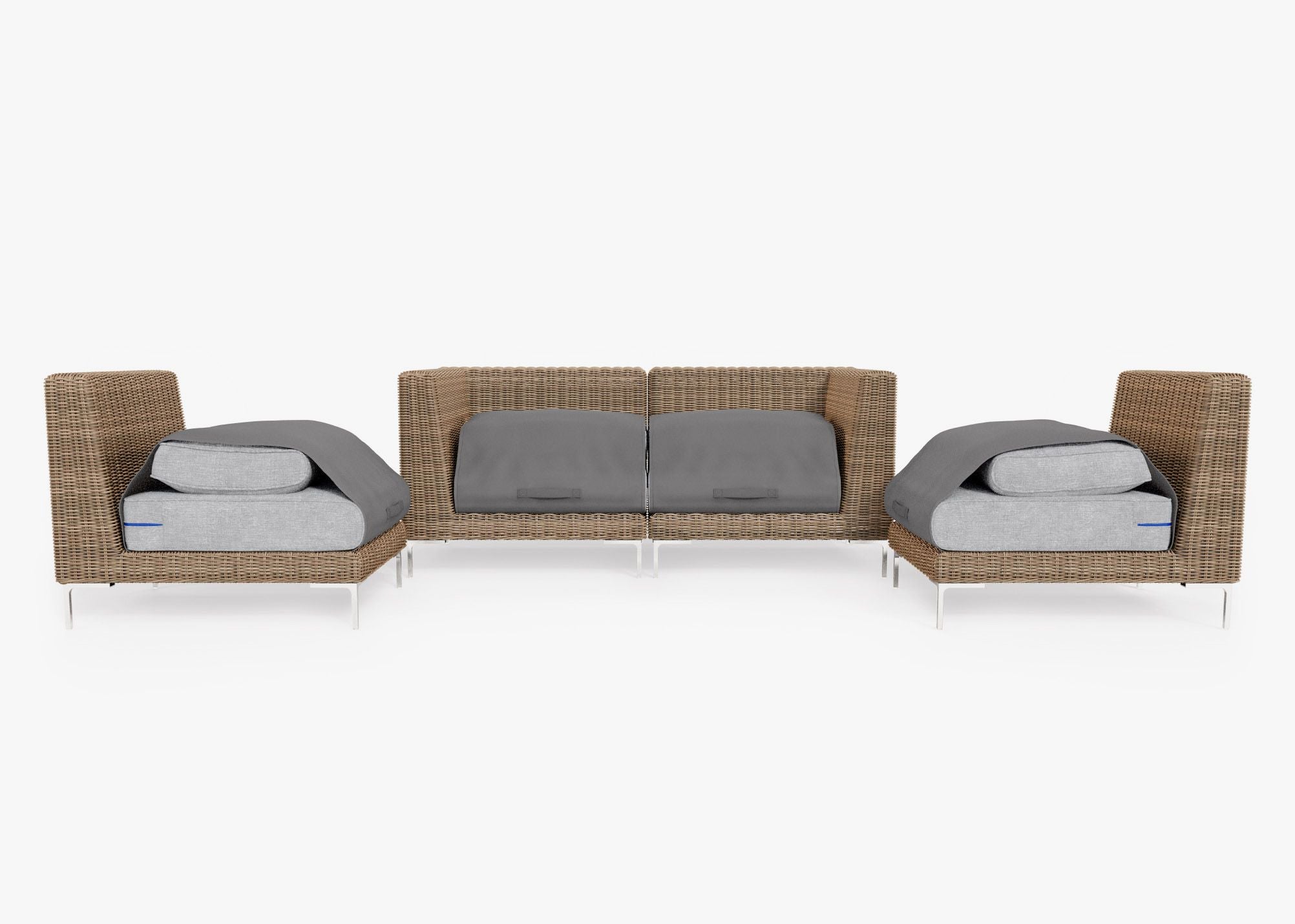 Brown Wicker Outdoor Loveseat with Armless Chairs - 4 Seat shown with the OuterShell outdoor cushion cover, offering exclusive integrated protection. #color_pacific fog gray