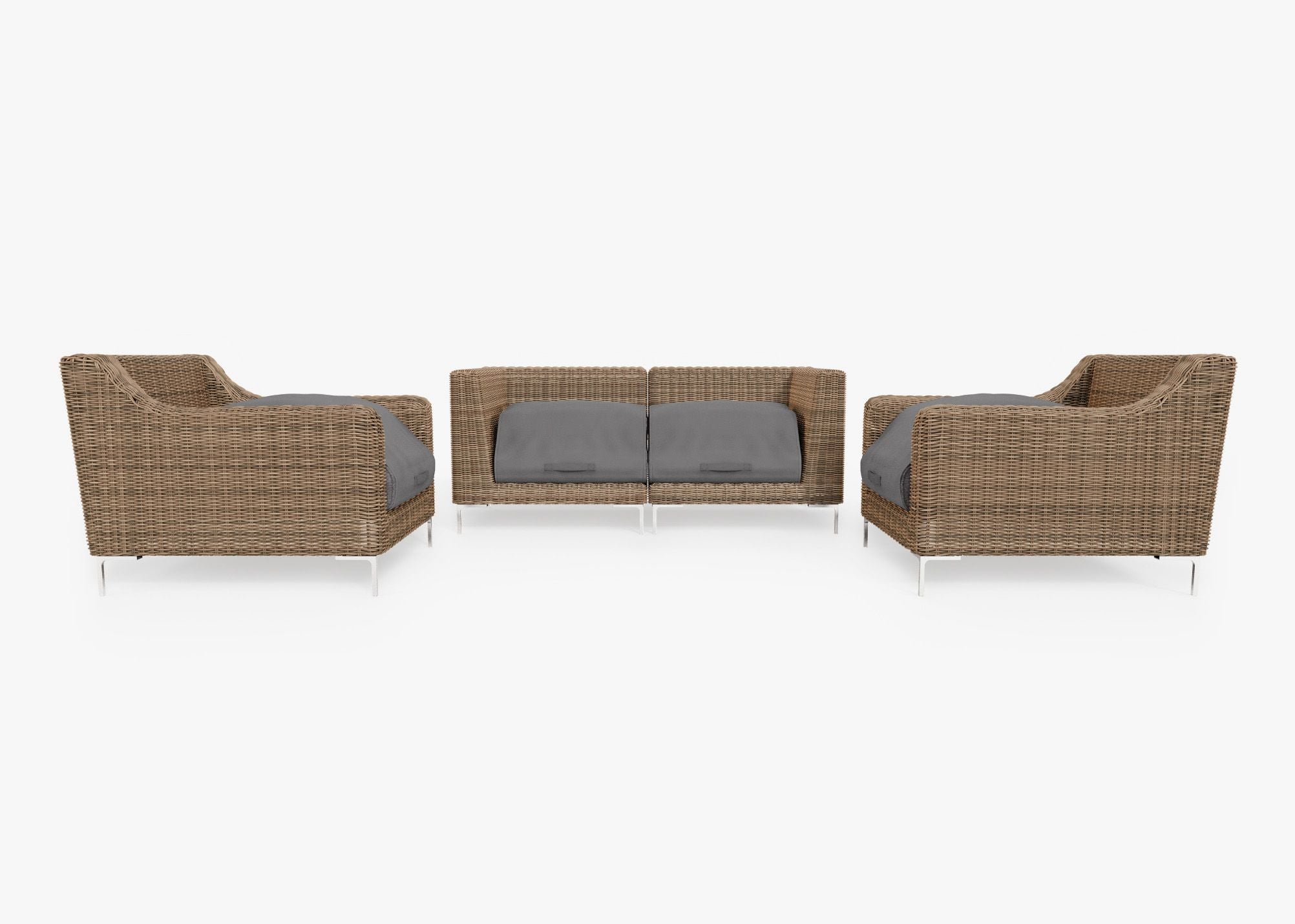 Brown Wicker Outdoor Loveseat with Armchairs - 4 Seat shown with the OuterShell outdoor cushion cover, offering exclusive integrated protection. #color_dark pebble gray