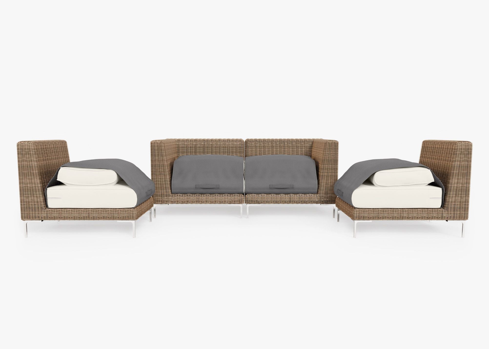 Brown Wicker Outdoor Loveseat with Armless Chairs - 4 Seat shown with the OuterShell outdoor cushion cover, offering exclusive integrated protection. #color_palisades cream