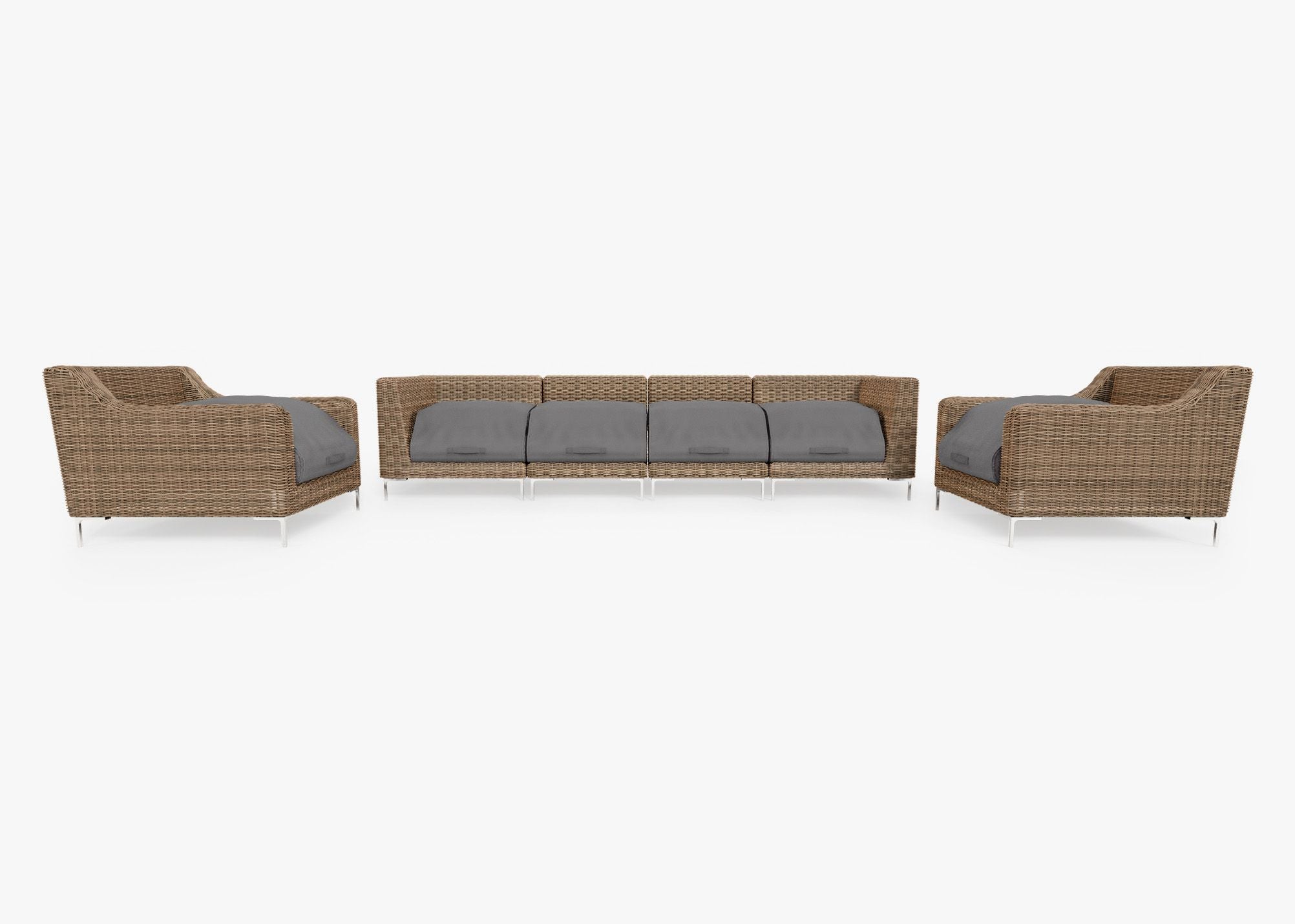 Brown Wicker Outdoor Sofa with Armchairs - 6 Seat shown with the OuterShell outdoor cushion cover, offering exclusive integrated protection. #color_dark pebble gray
