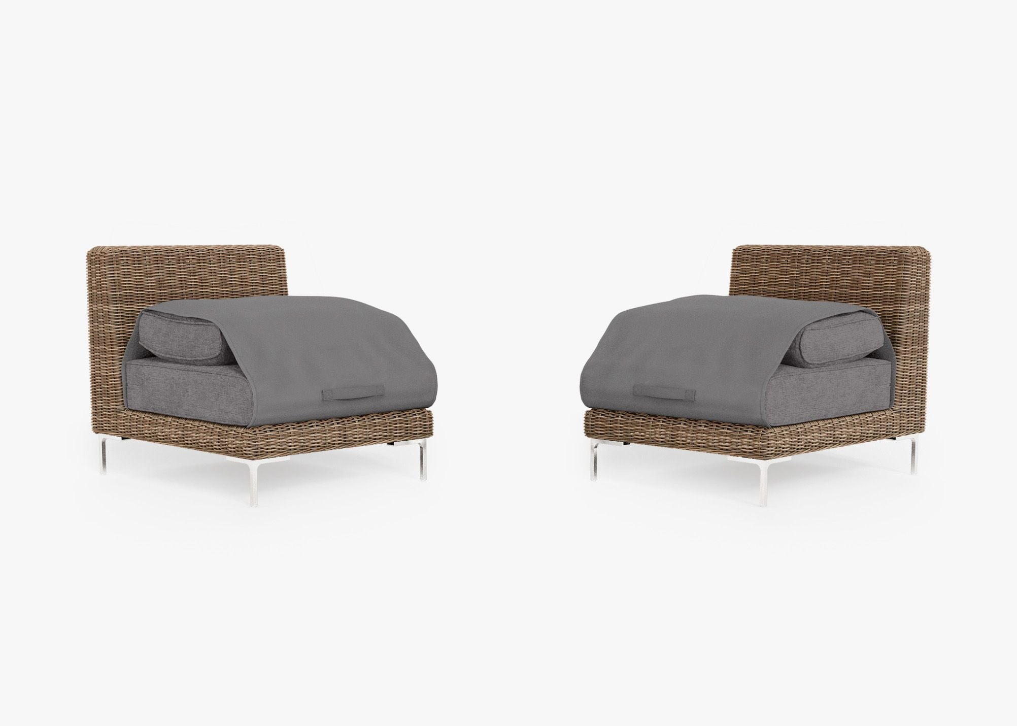 Brown Wicker Outdoor Armless Chair Conversation Set shown with the OuterShell outdoor cushion cover, offering exclusive integrated protection. #color_dark pebble gray