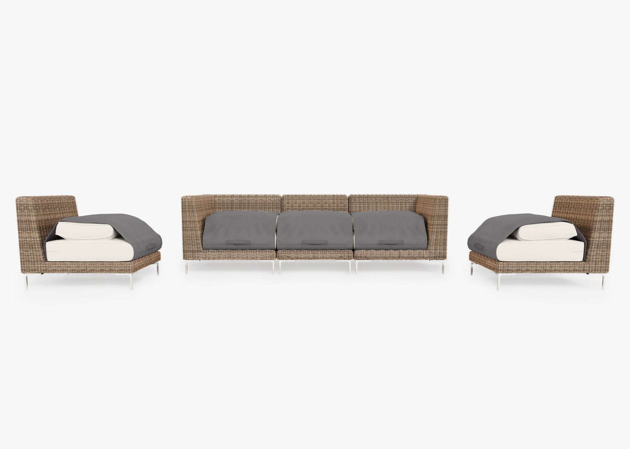 Brown Wicker Outdoor Sofa with Armless Chairs - 5 Seat shown with the OuterShell outdoor cushion cover, offering exclusive integrated protection. #color_palisades cream