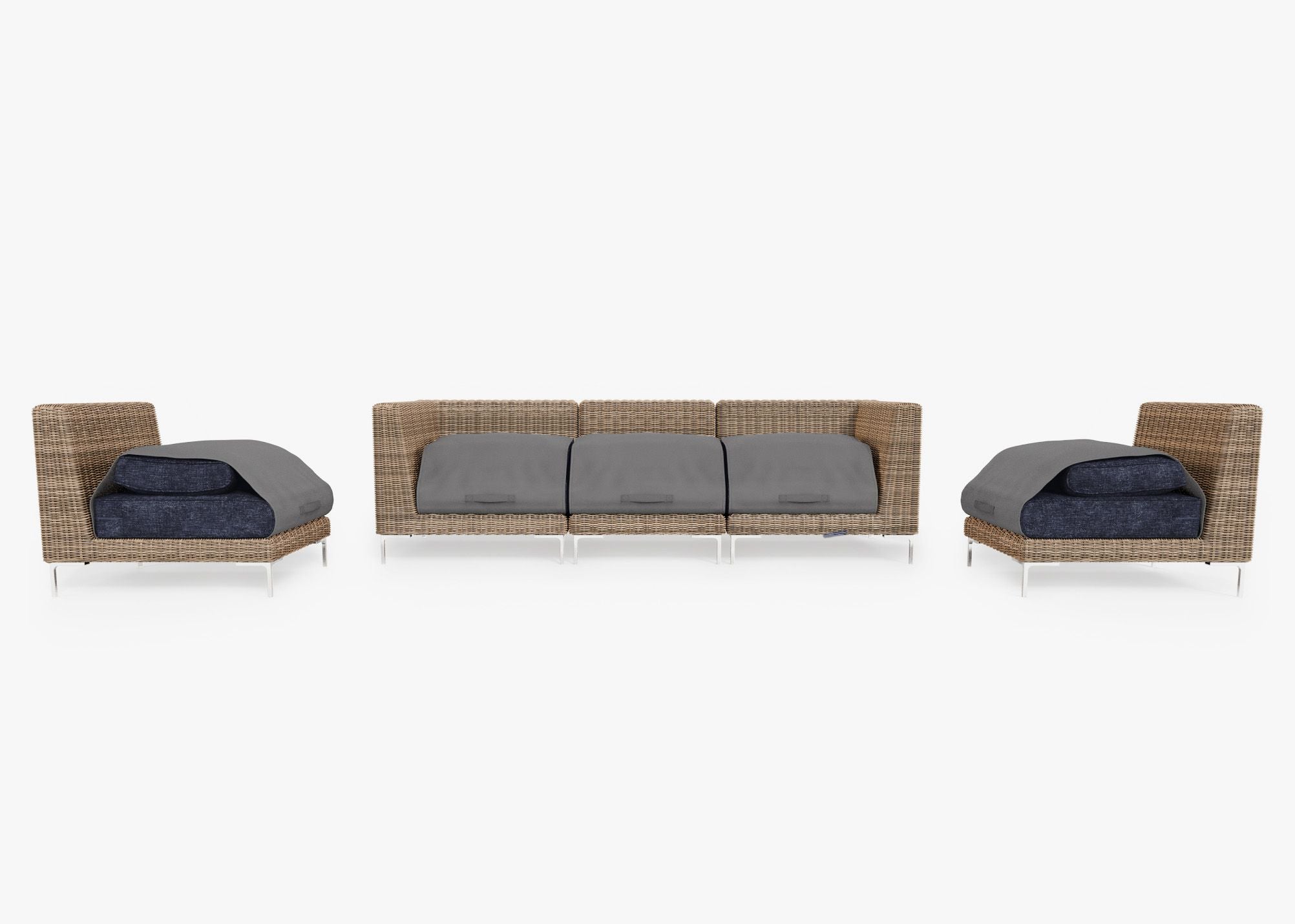 Brown Wicker Outdoor Sofa with Armless Chairs - 5 Seat shown with the OuterShell outdoor cushion cover, offering exclusive integrated protection. #color_deep sea navy