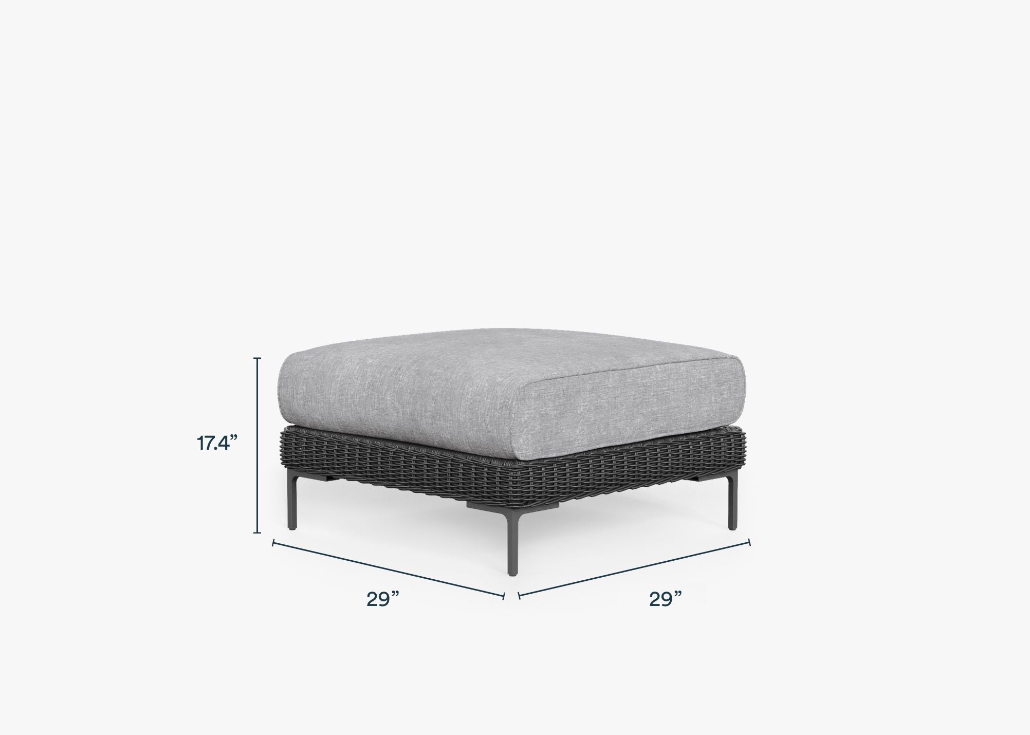 Black Wicker Outdoor Ottoman dimensions in inches, also listed under Dimensions and Weights. #color_pacific fog gray