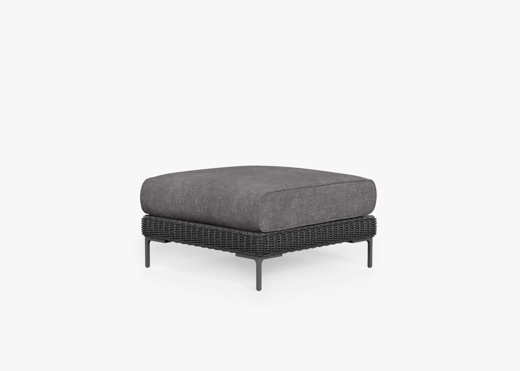 Black Wicker Outdoor Ottoman, front. Comfortable, durable, and weather resistant outdoor seating with memory foam. #color_dark pebble gray