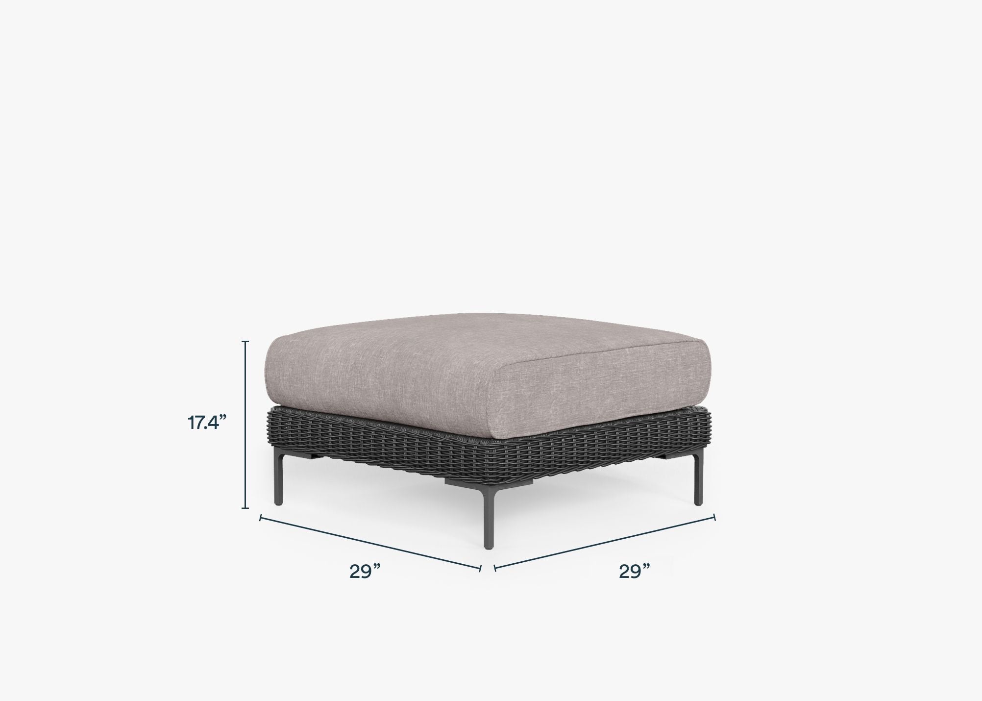 Black Wicker Outdoor Ottoman dimensions in inches, also listed under Dimensions and Weights. #color_sandstone gray