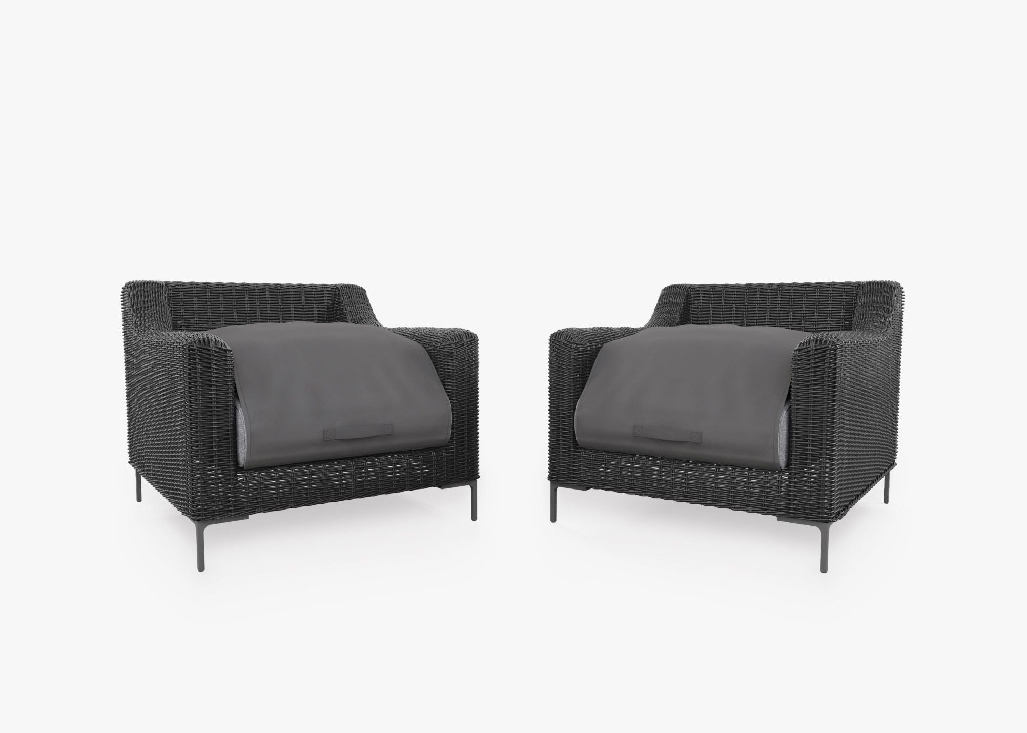 Black Wicker Outdoor Armchair Conversation Set shown with the OuterShell outdoor cushion cover, offering exclusive integrated protection. #color_pacific fog gray
