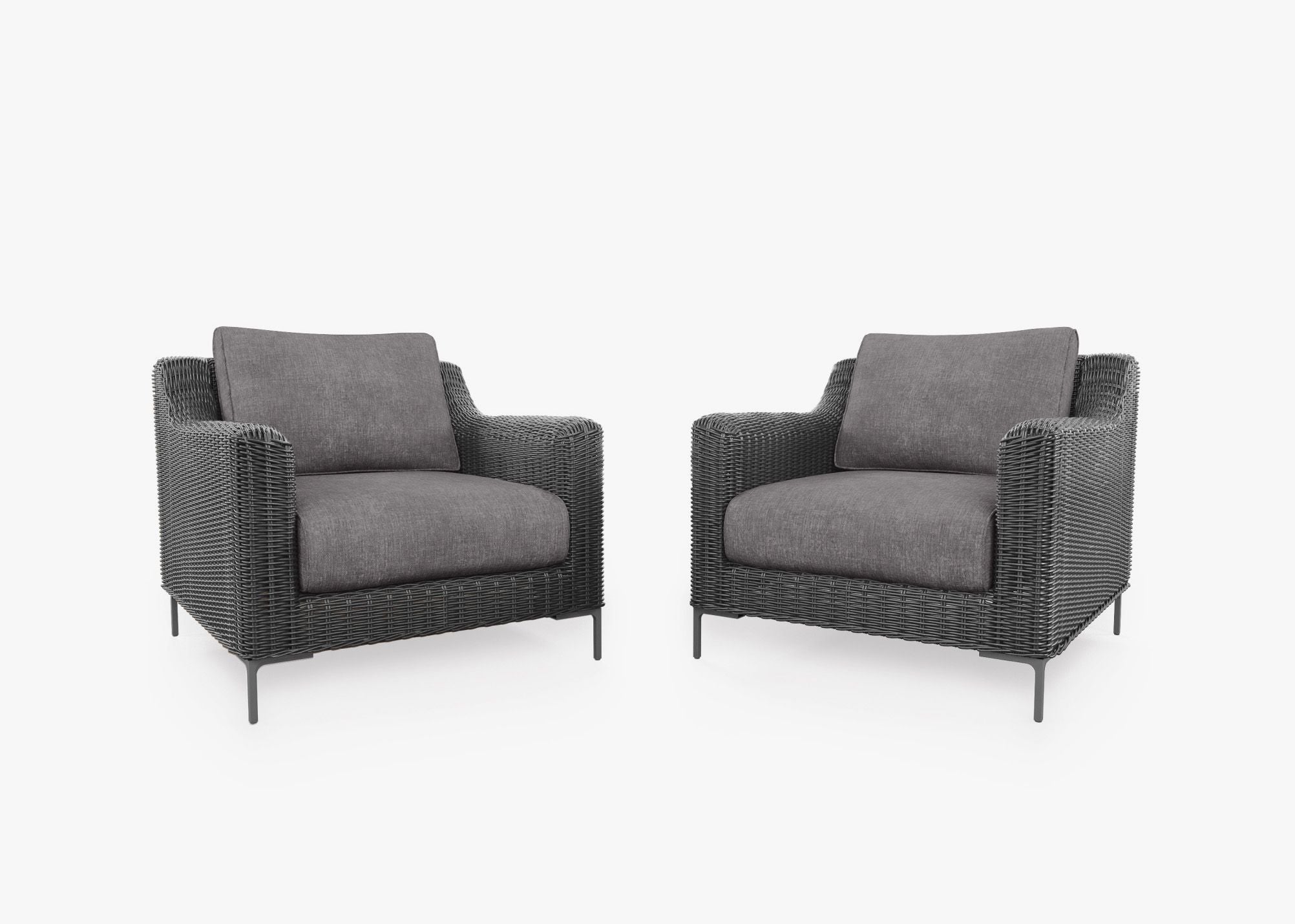 Black Wicker Outdoor Armchair Conversation Set, front. Comfortable, durable, and weather resistant outdoor seating with memory foam. #color_dark pebble gray