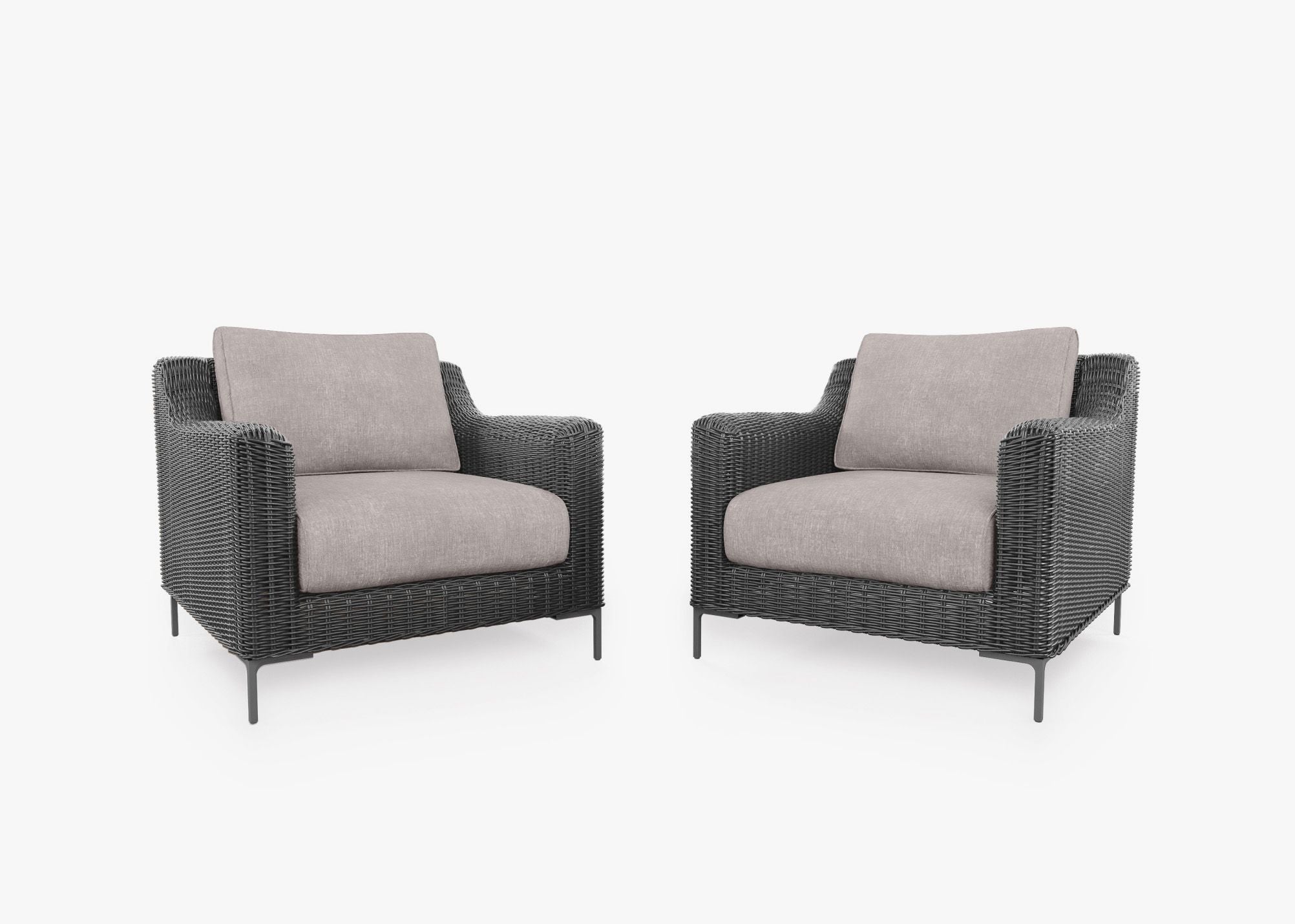Black Wicker Outdoor Armchair Conversation Set, front. Comfortable, durable, and weather resistant outdoor seating with memory foam. #color_sandstone gray