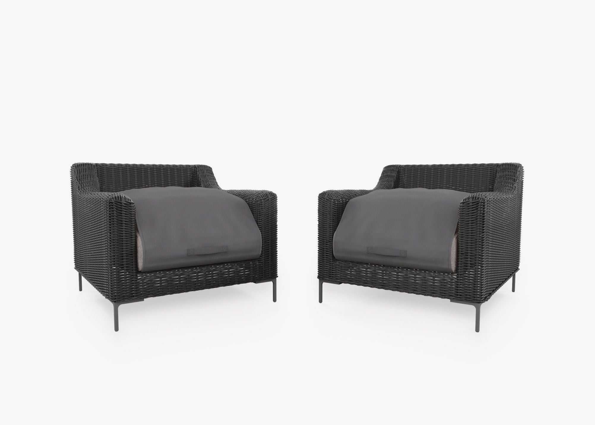 Black Wicker Outdoor Armchair Conversation Set shown with the OuterShell outdoor cushion cover, offering exclusive integrated protection. #color_sandstone gray