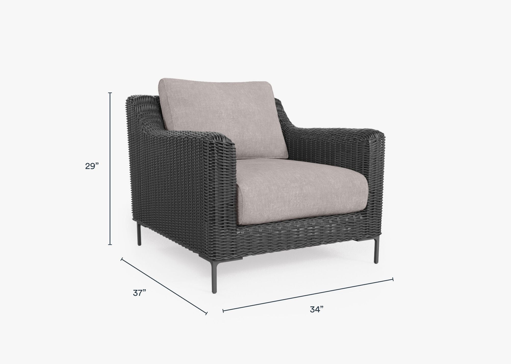 Black Wicker Outdoor Armchair dimensions in inches, also listed under Dimensions and Weights. #color_sandstone gray