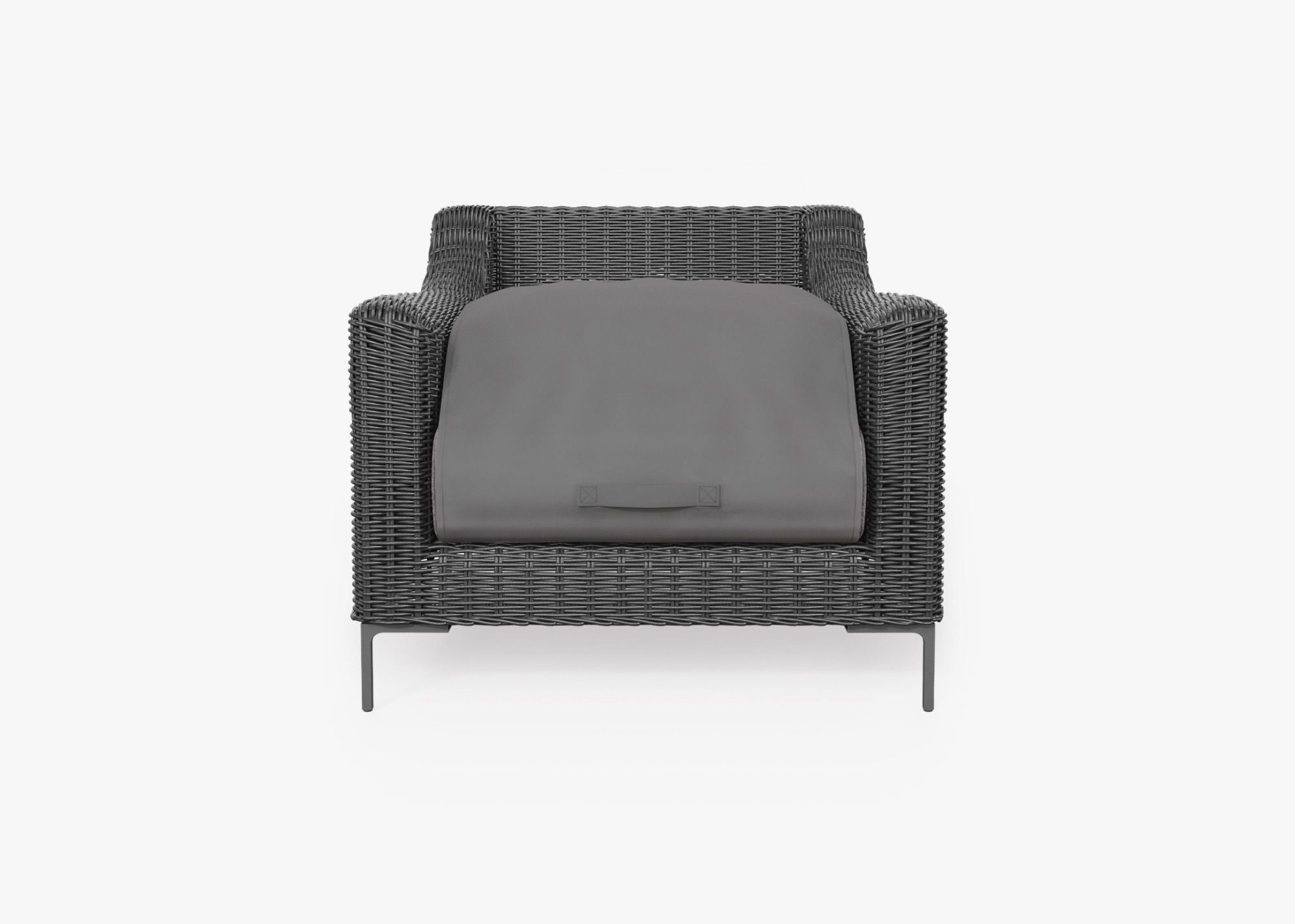 Black Wicker Outdoor Armchair shown with the OuterShell outdoor cushion cover, offering exclusive integrated protection. #color_dark pebble gray