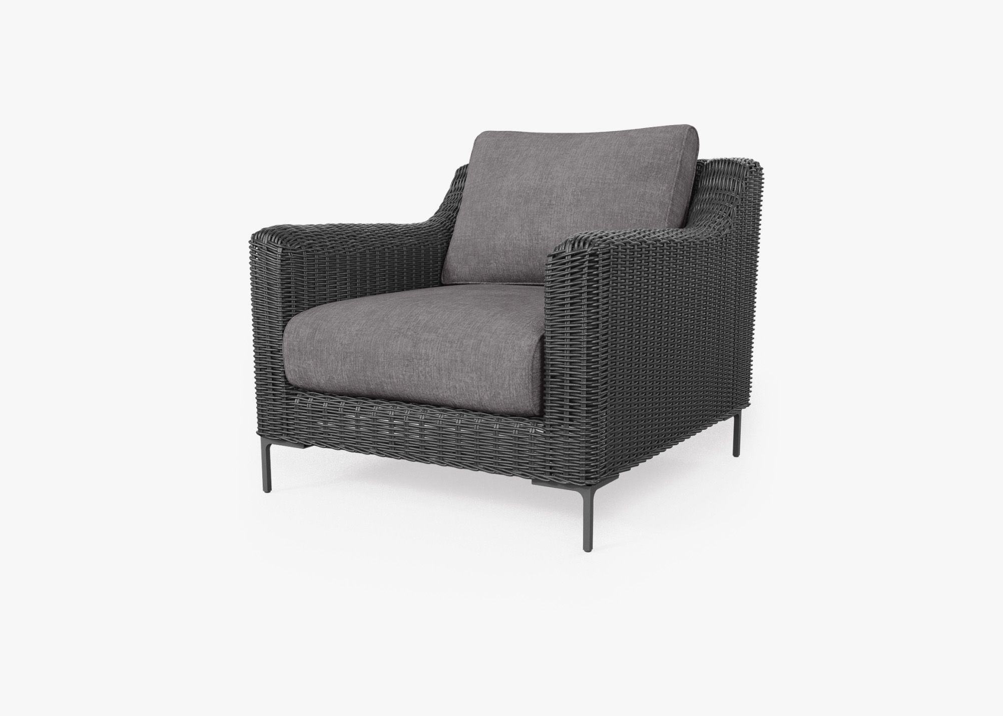 Black Wicker Outdoor Armchair, front. Comfortable, durable, and weather resistant outdoor seating with memory foam. #color_dark pebble gray