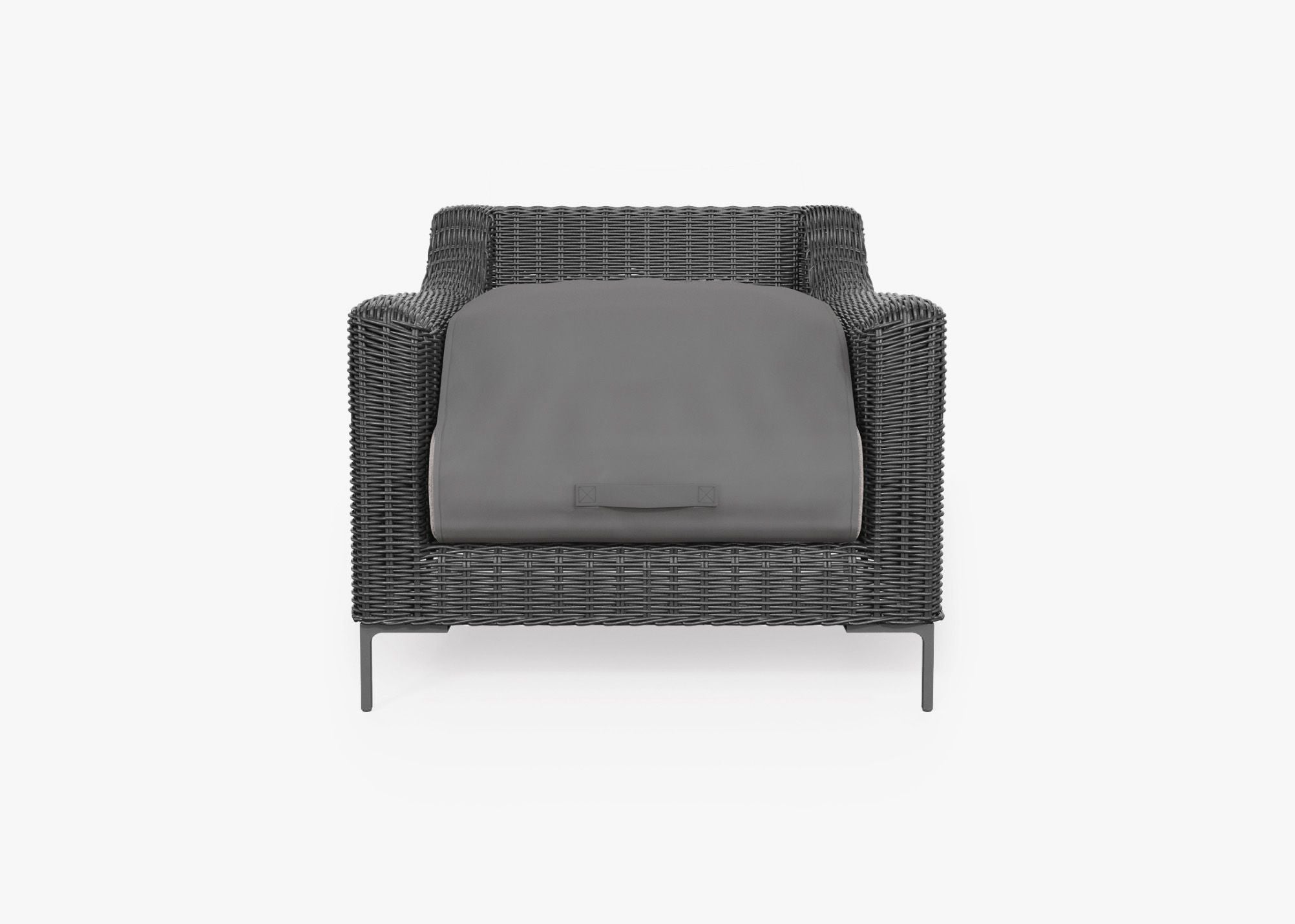 Black Wicker Outdoor Armchair shown with the OuterShell outdoor cushion cover, offering exclusive integrated protection. #color_sandstone gray